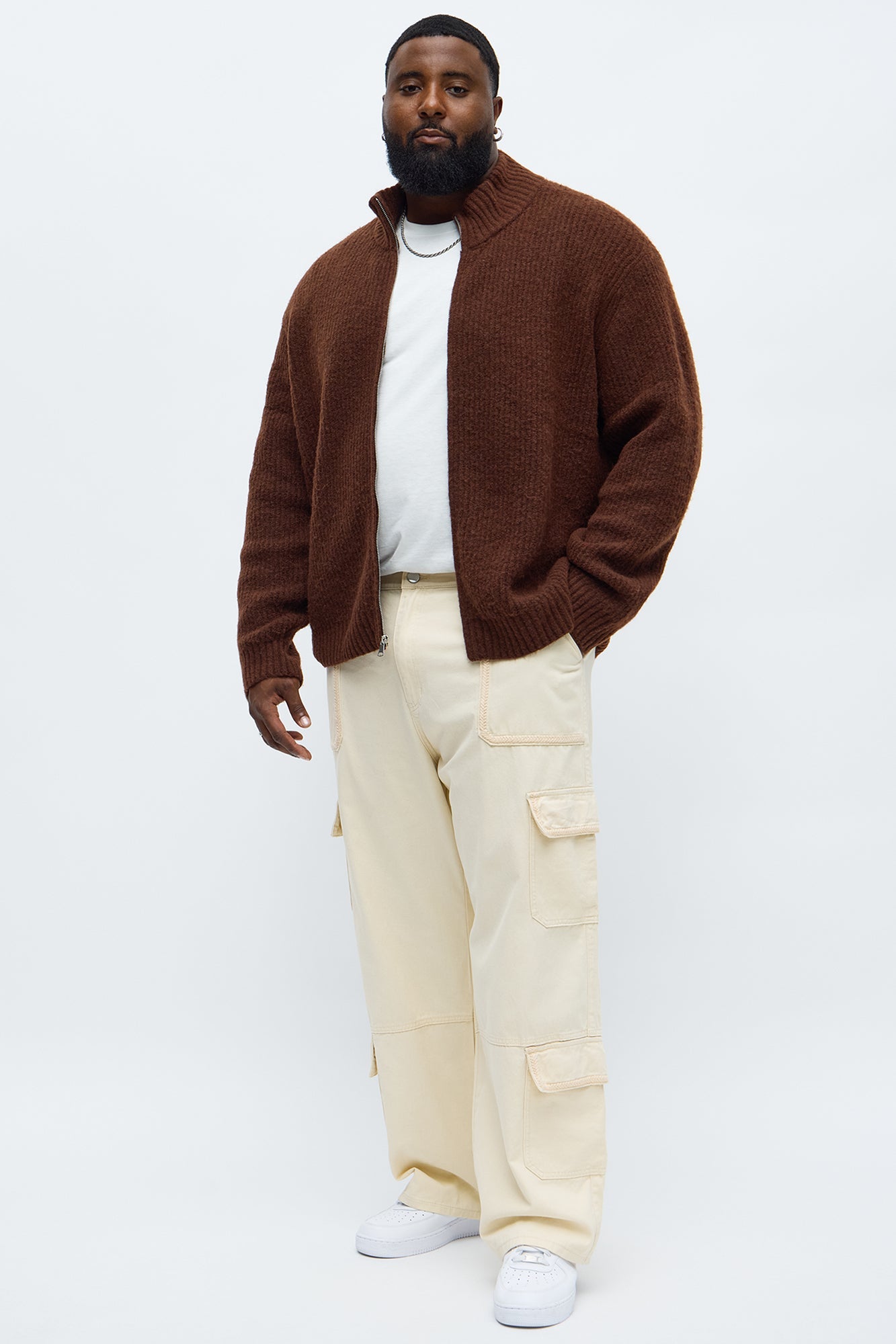 Oversized Willow Ribbed Zip Up Sweater - Brown