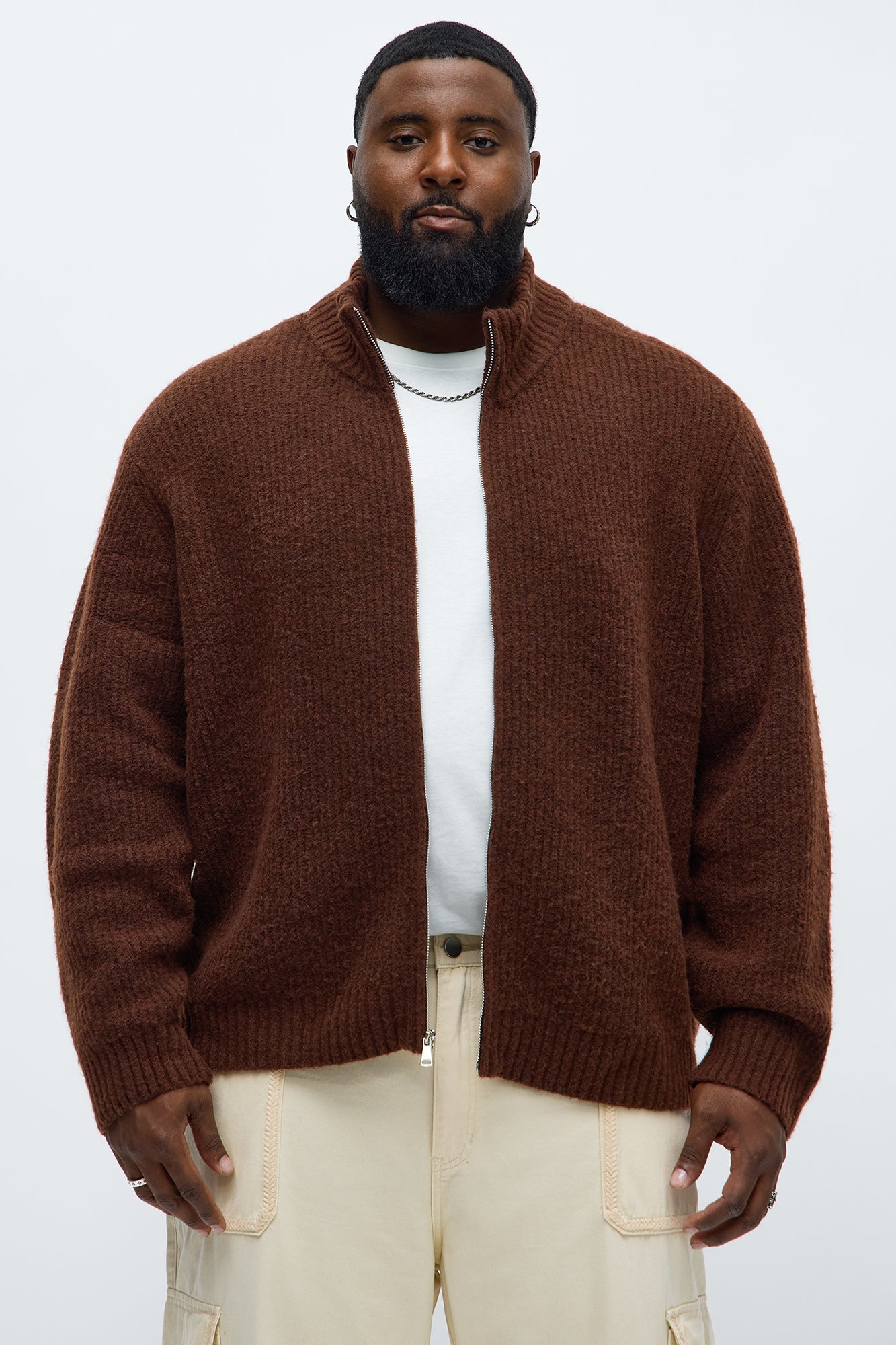 Oversized Willow Ribbed Zip Up Sweater - Brown