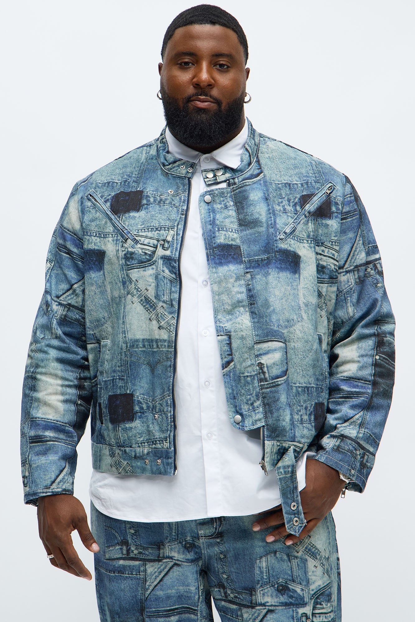 Denim Printed Moto Jacket - Blue
