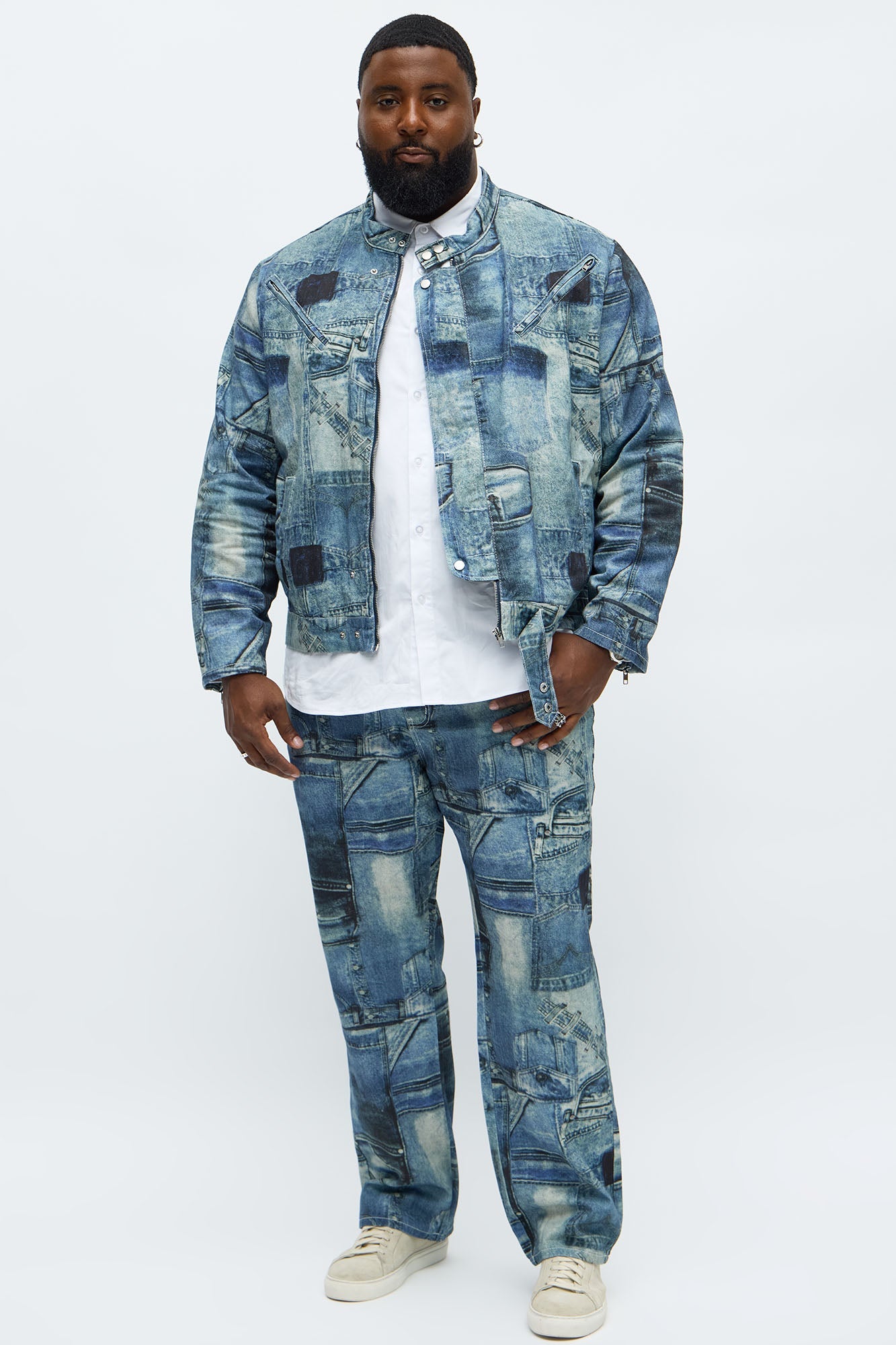 Denim Printed Moto Jacket - Blue