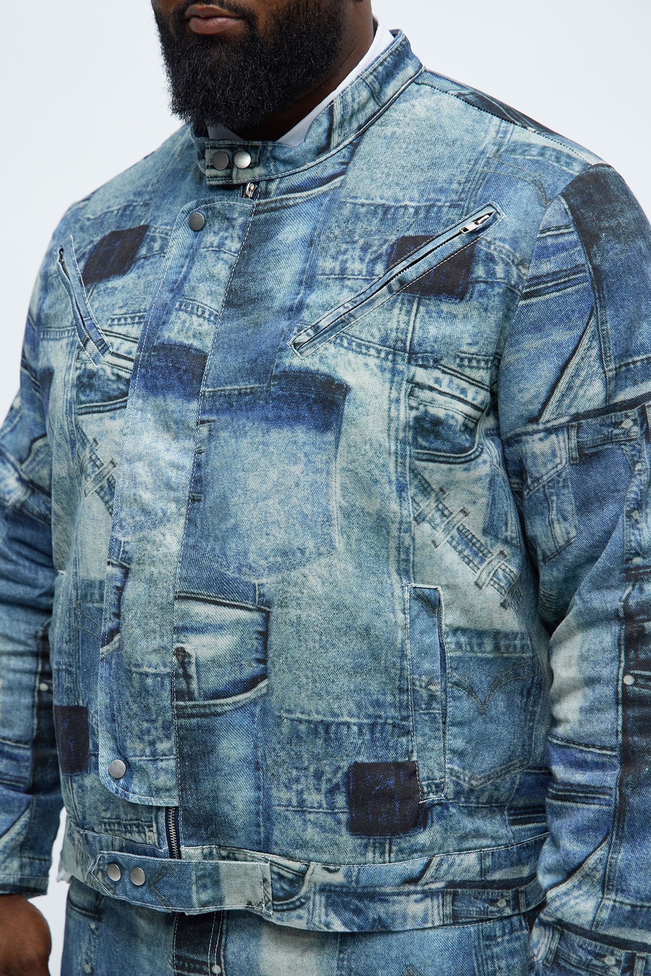 Denim Printed Moto Jacket - Blue