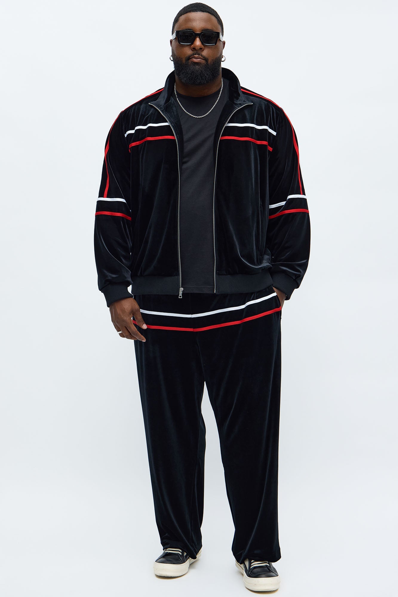 Velour Piped Courtside Straight Track Pant - Black/Red