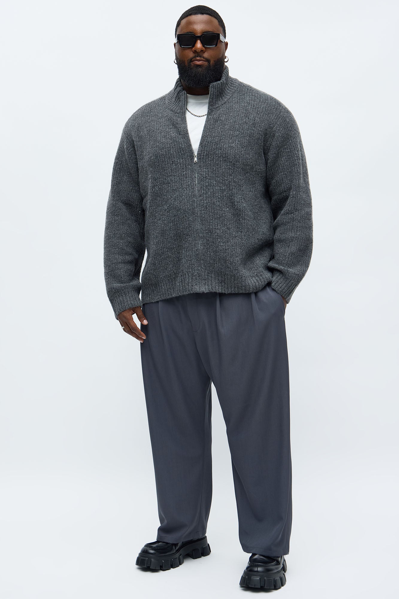 Oversized Willow Ribbed Zip Up Sweater - Light Grey