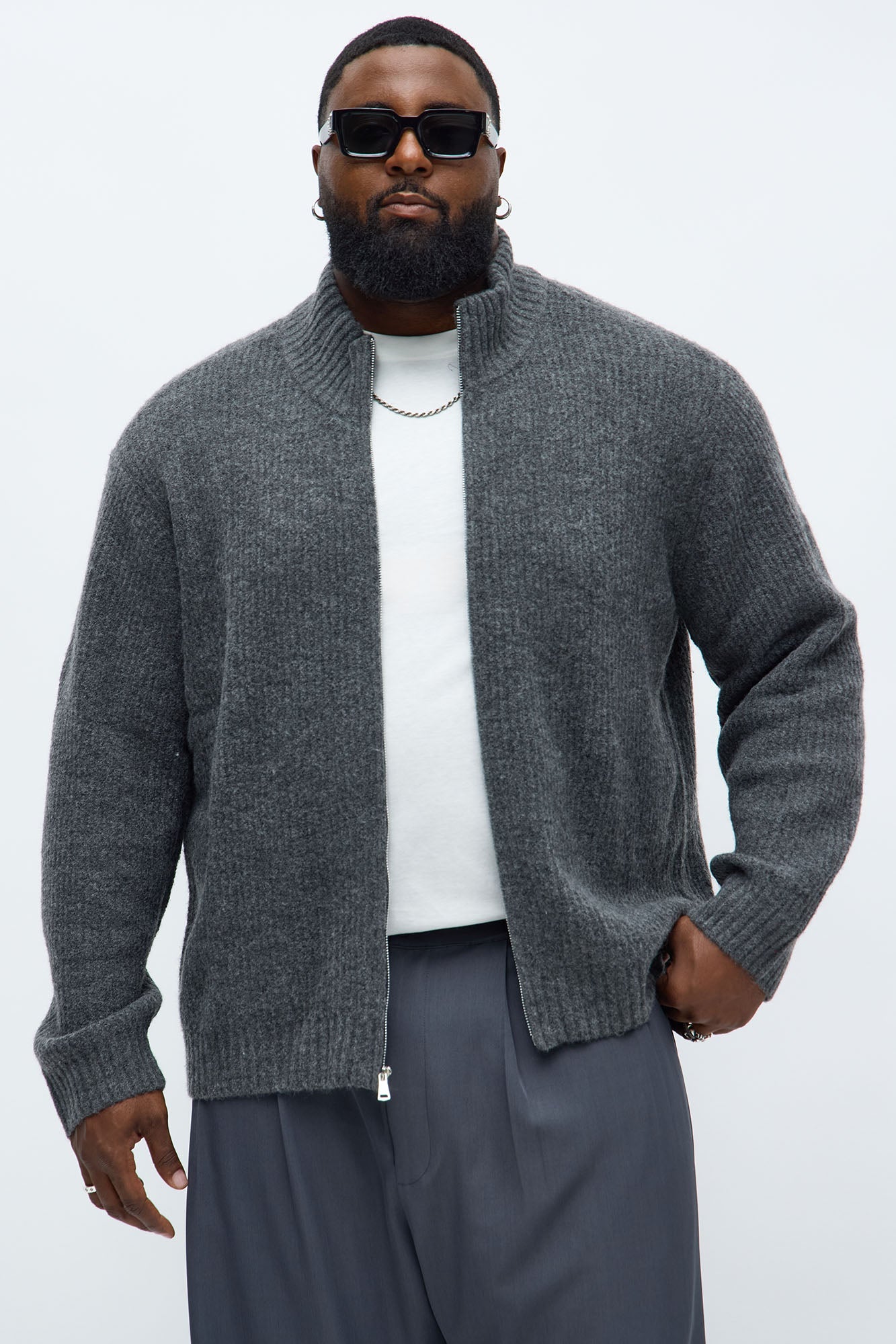 Oversized Willow Ribbed Zip Up Sweater - Light Grey