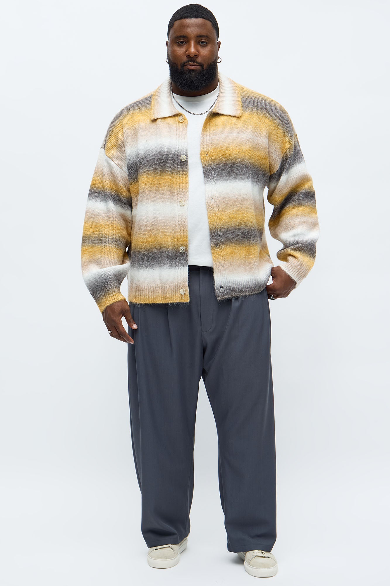 Mix Blend Striped Collared Cardigan - Multi Color