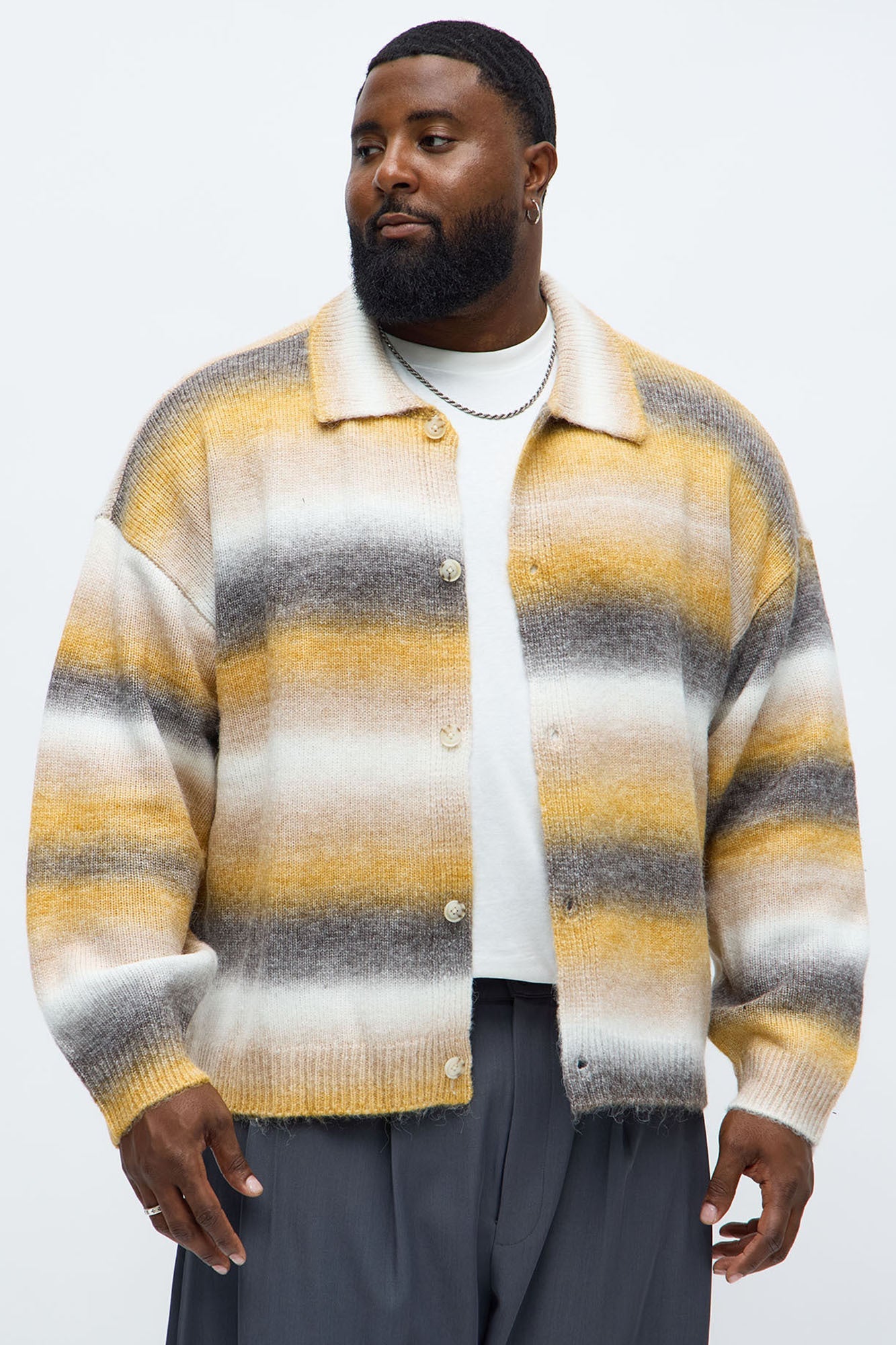 Mix Blend Striped Collared Cardigan - Multi Color