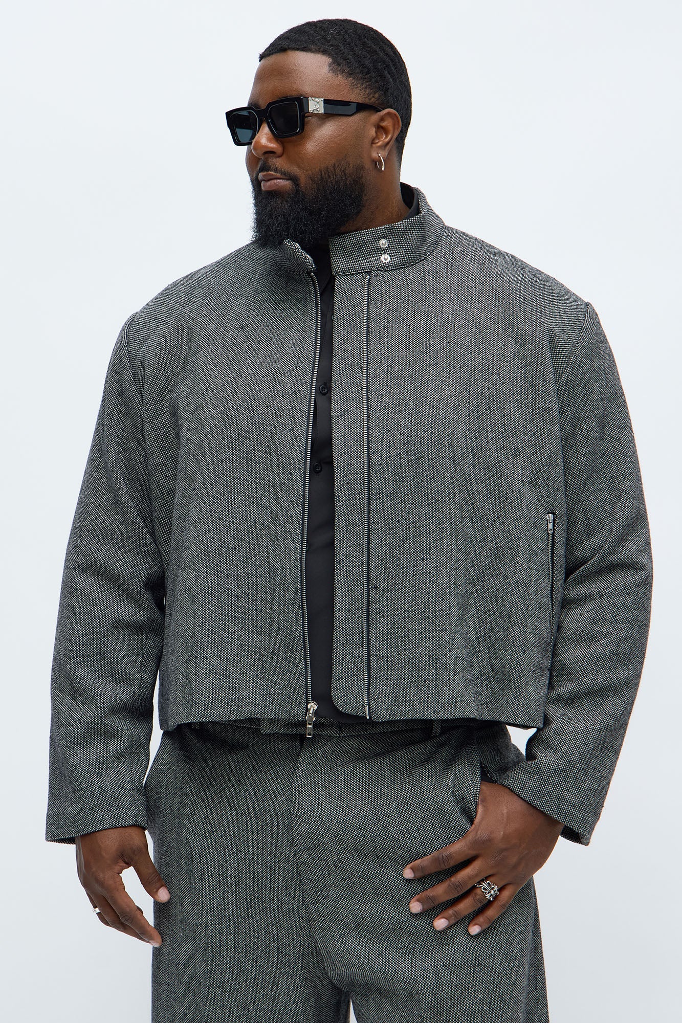 Cropped Textured Zip Moto Blazer - Black/combo