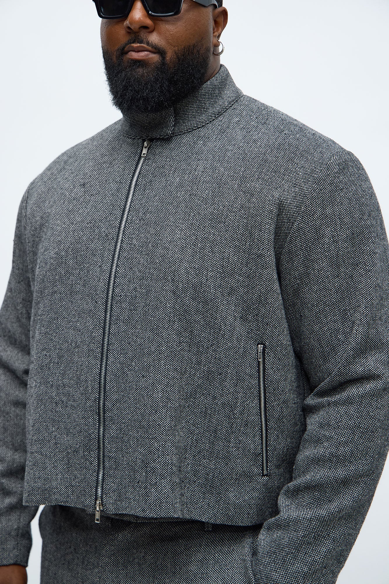 Cropped Textured Zip Moto Blazer - Black/combo