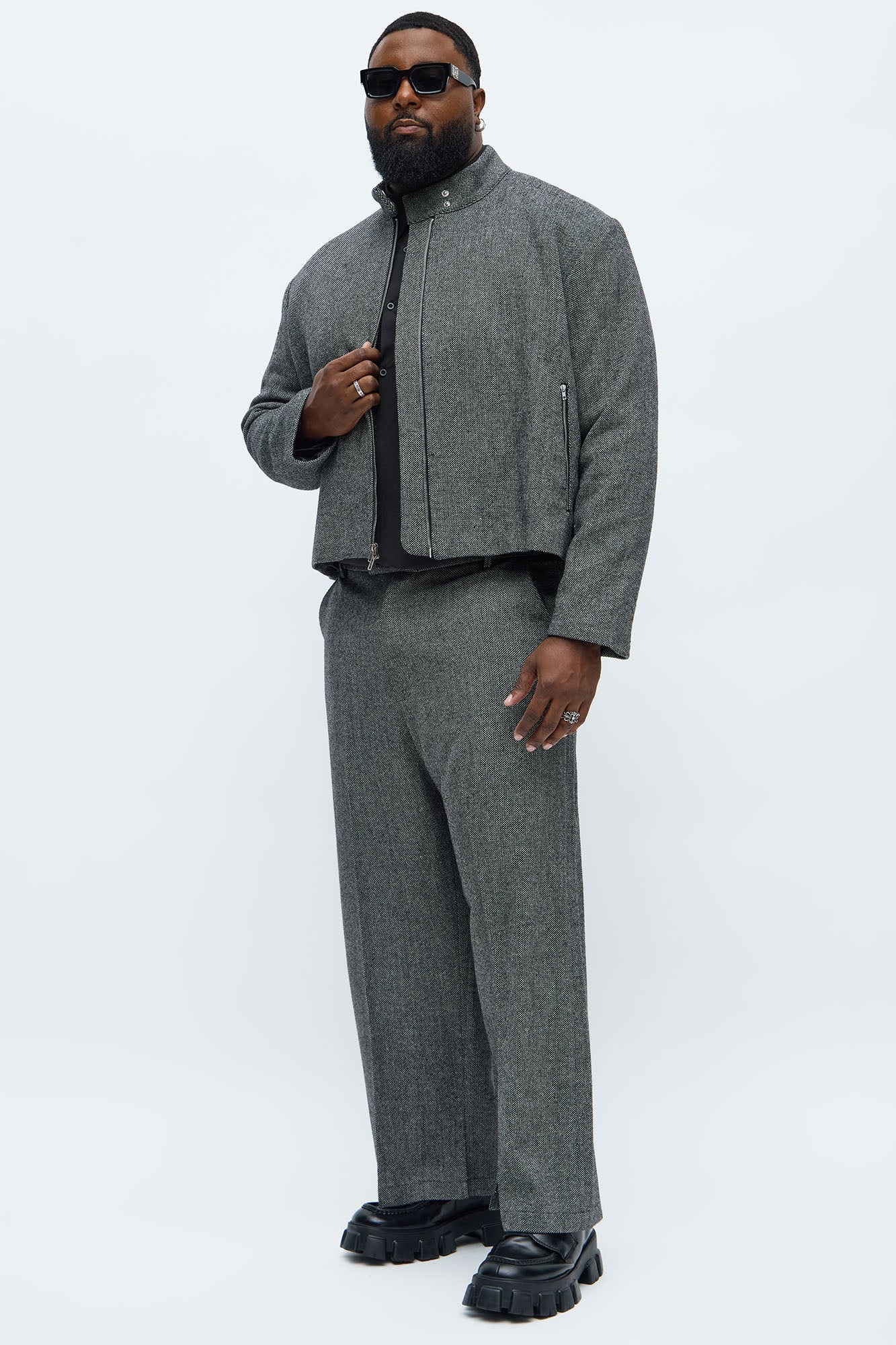 Cropped Textured Zip Moto Blazer - Black/combo