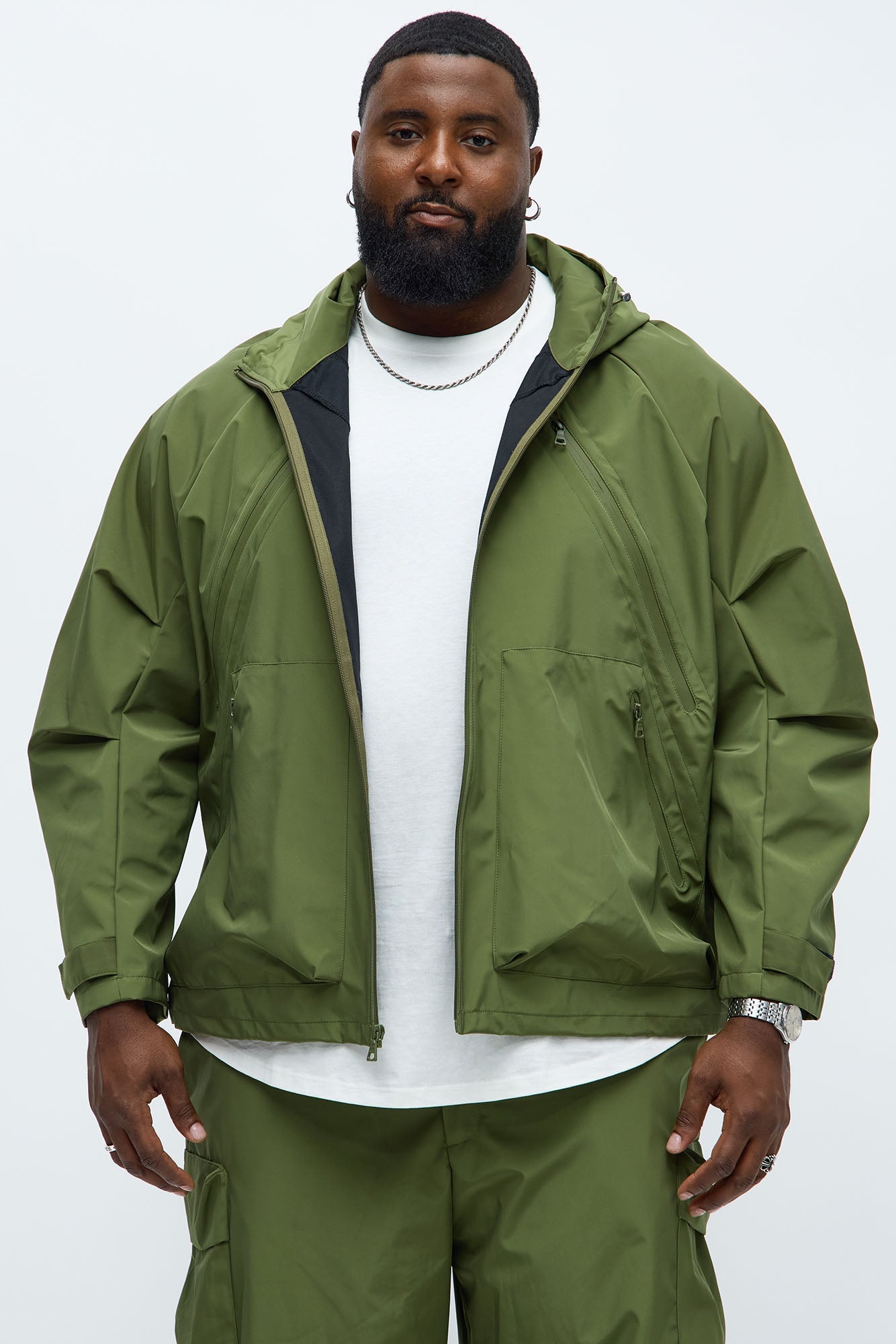 Relaxed Peak Hooded Tech Zip Jacket - Olive