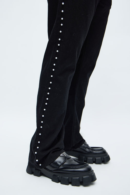 Stacked Slim Flare Pearls Along Side Jean - Black