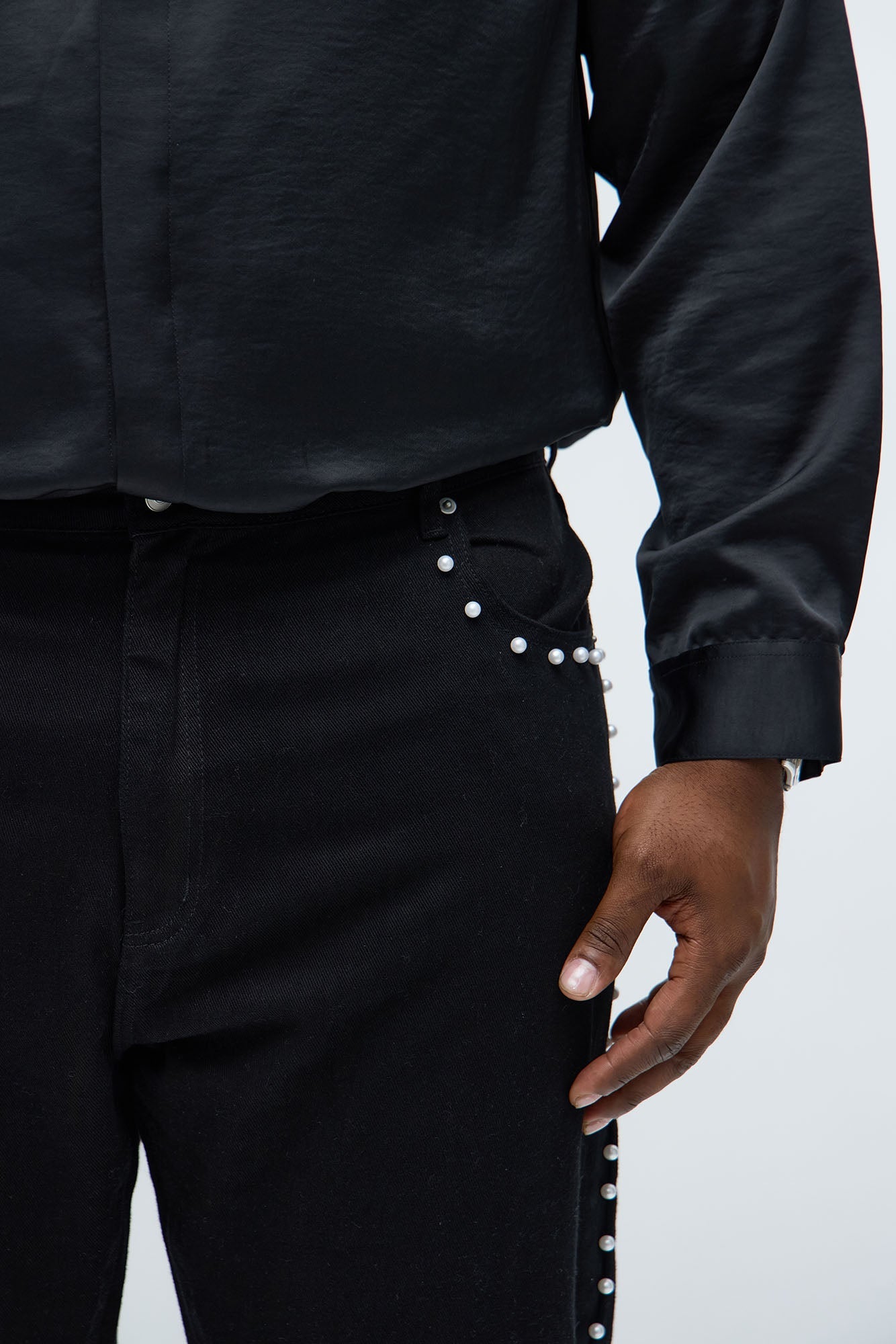 Stacked Slim Flare Pearls Along Side Jean - Black