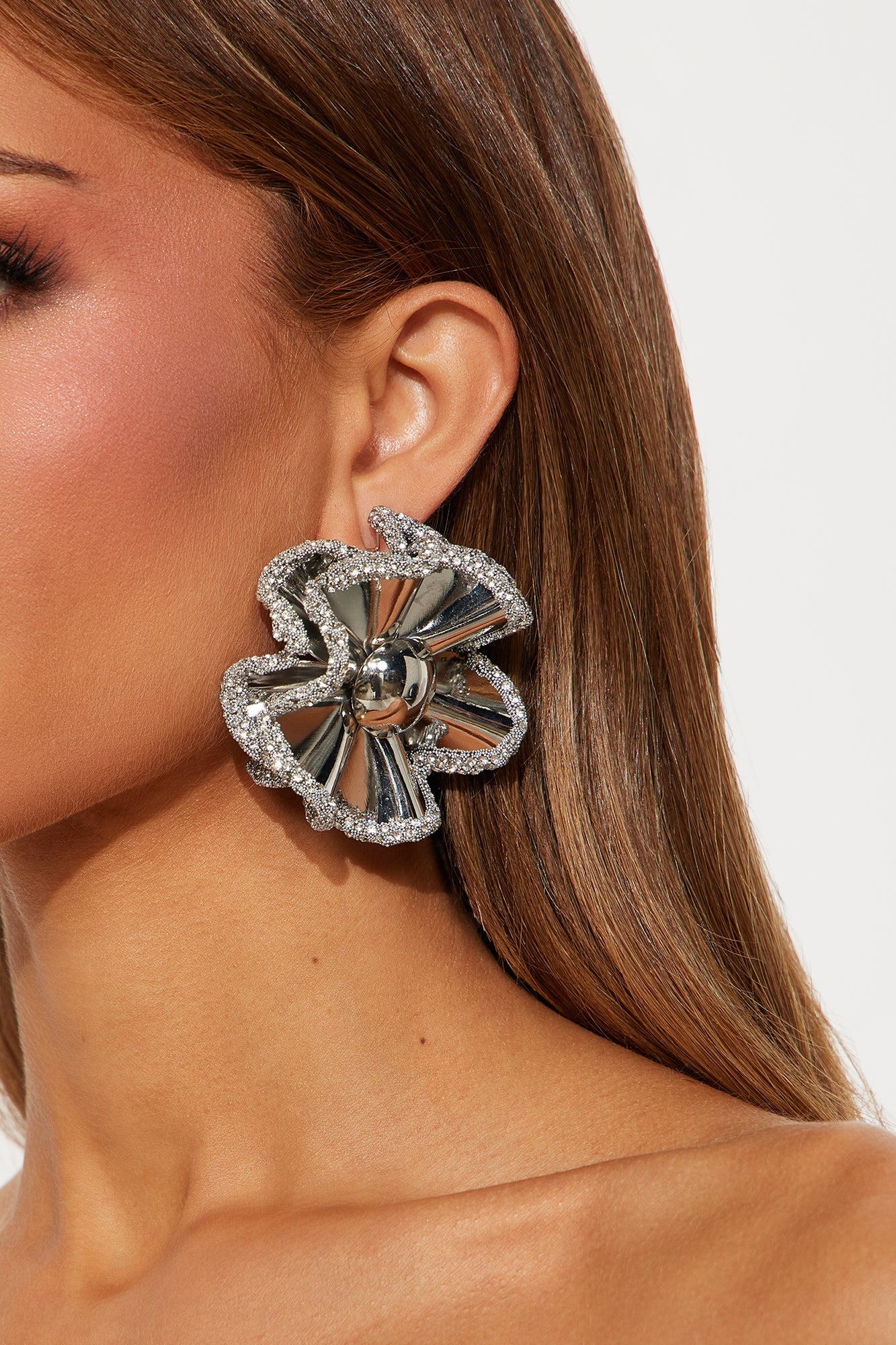 Fantasy Floral Rhinestone Trim Drop Earrings - Silver