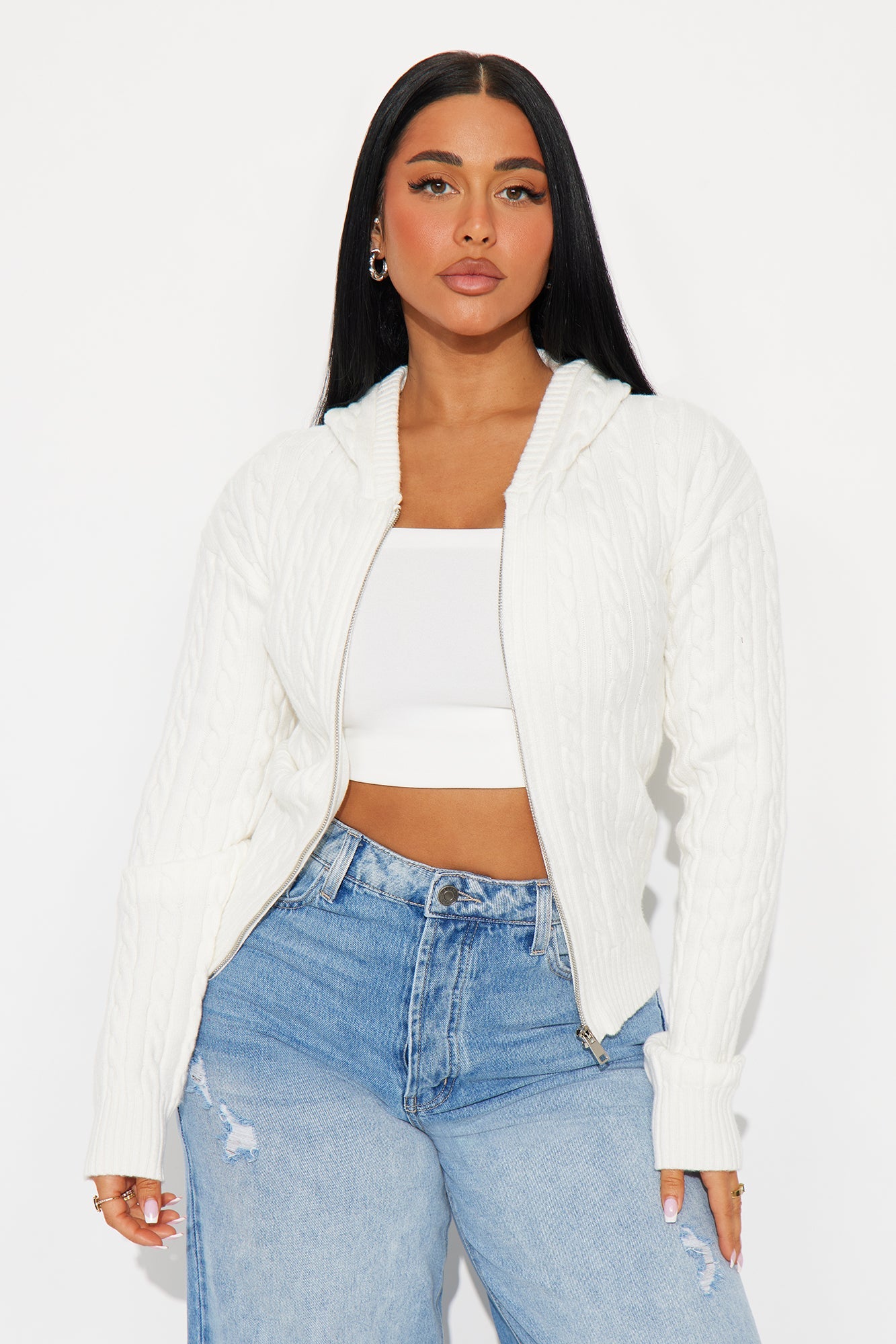 Leina Cable Knit Hooded Cardigan - Ivory