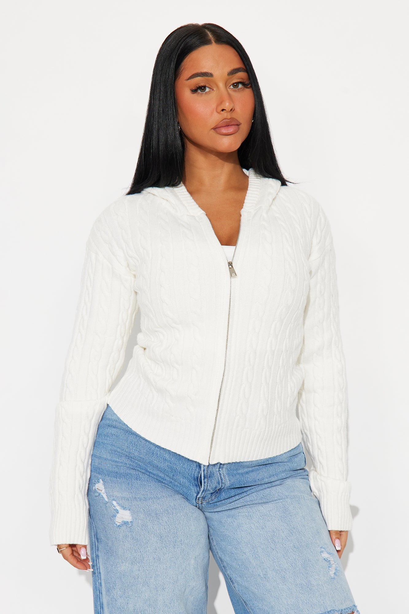 Leina Cable Knit Hooded Cardigan - Ivory