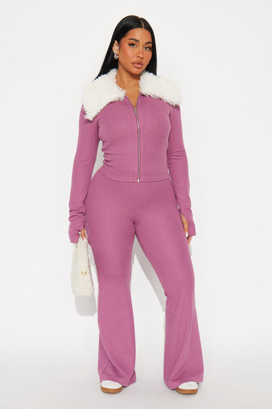 Daphne Faux Fur Trim Pant Set - Lilac