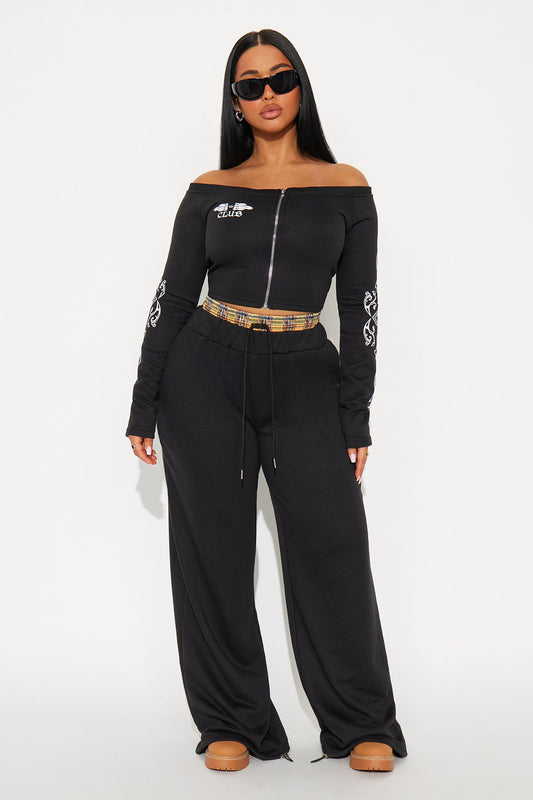 Hanging Out Off Shoulder Pant Set - Black