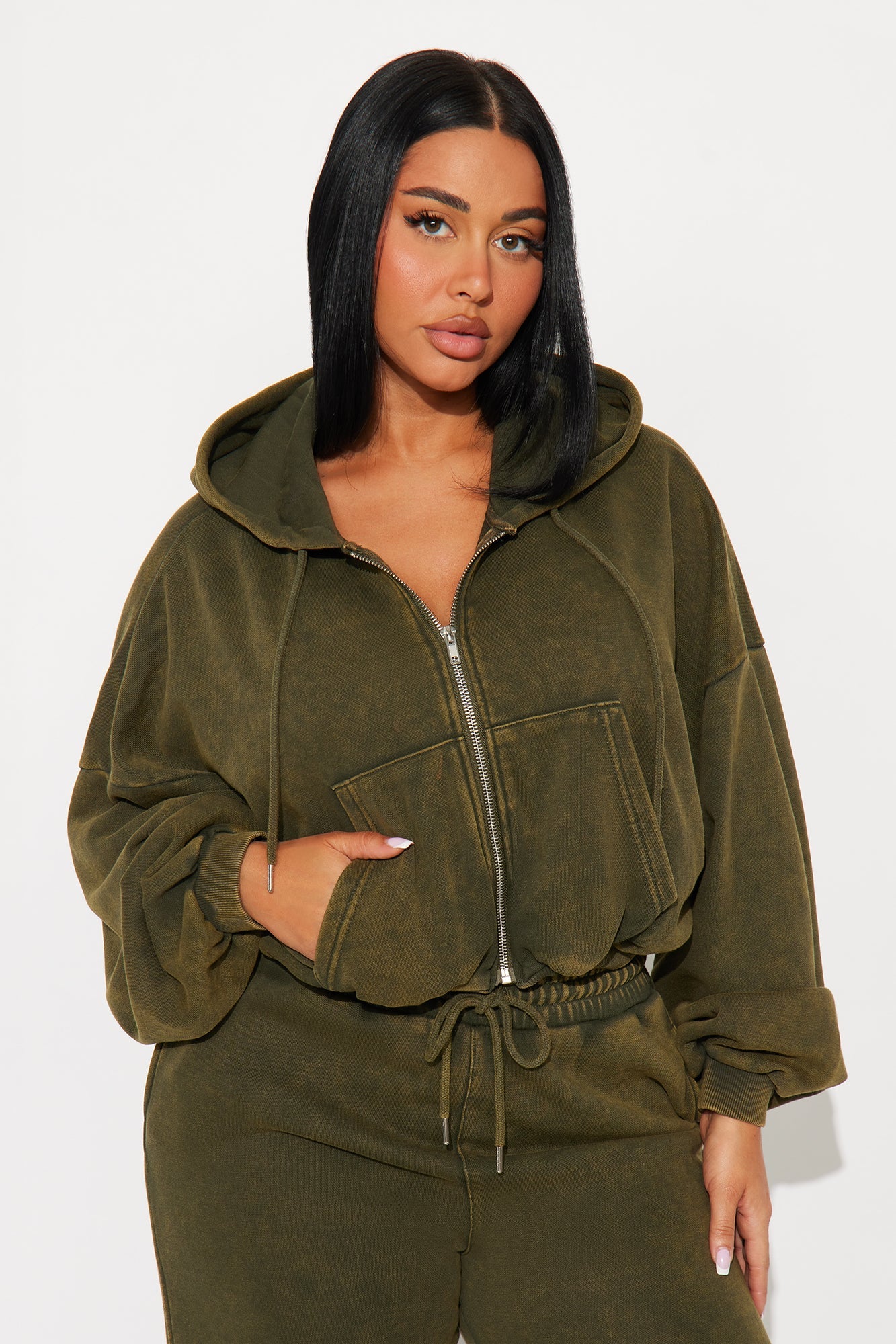 Farah Bubble Hem Washed Hoodie Jogger Set - Olive