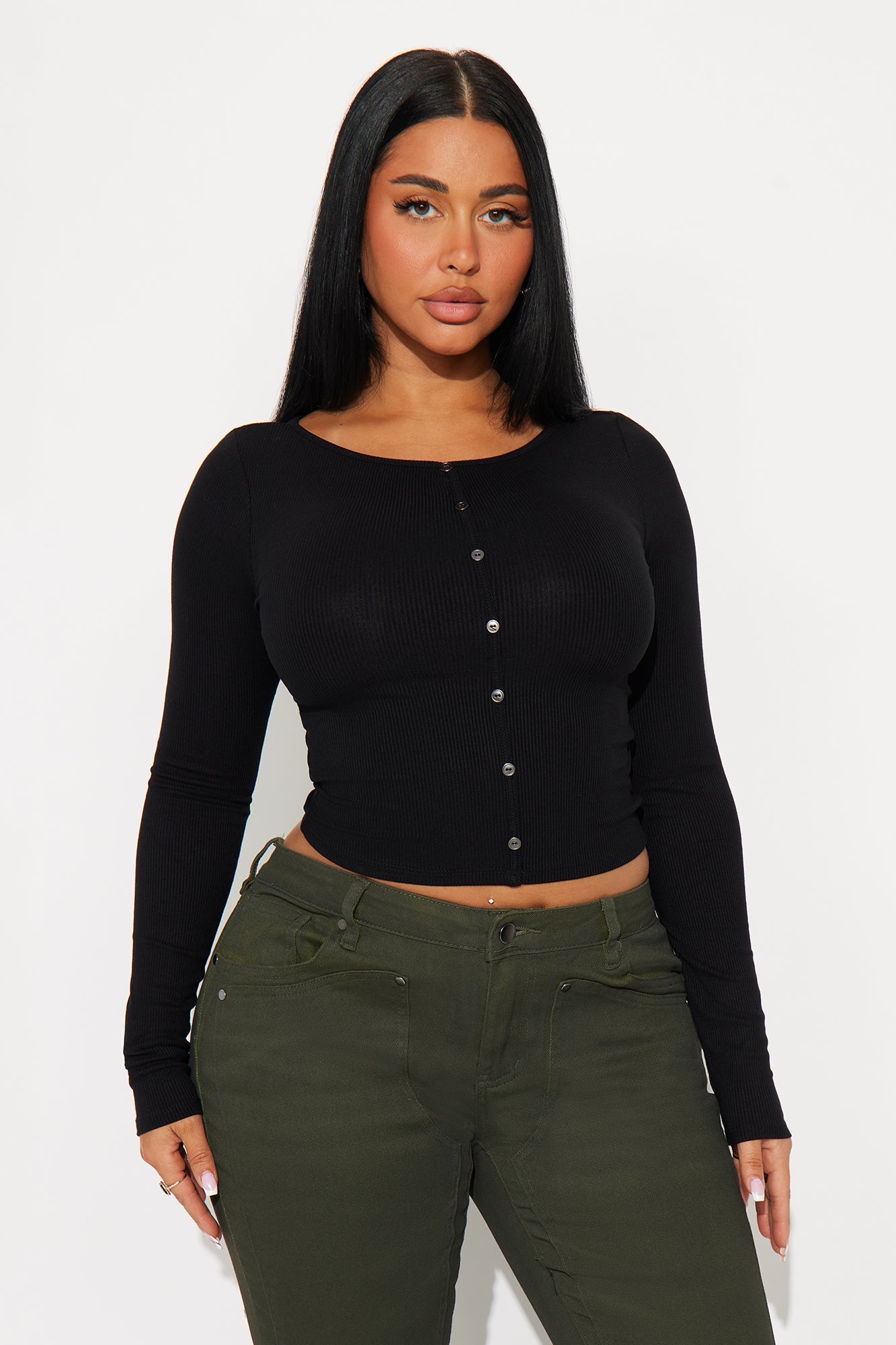 Daniella Ribbed Button Up Long Sleeve Top - Black