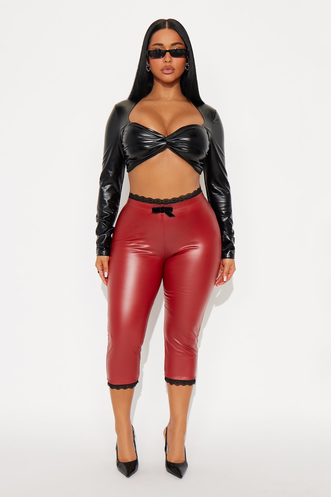 Valentina Faux Leather Lace Trim Capri Legging - Red