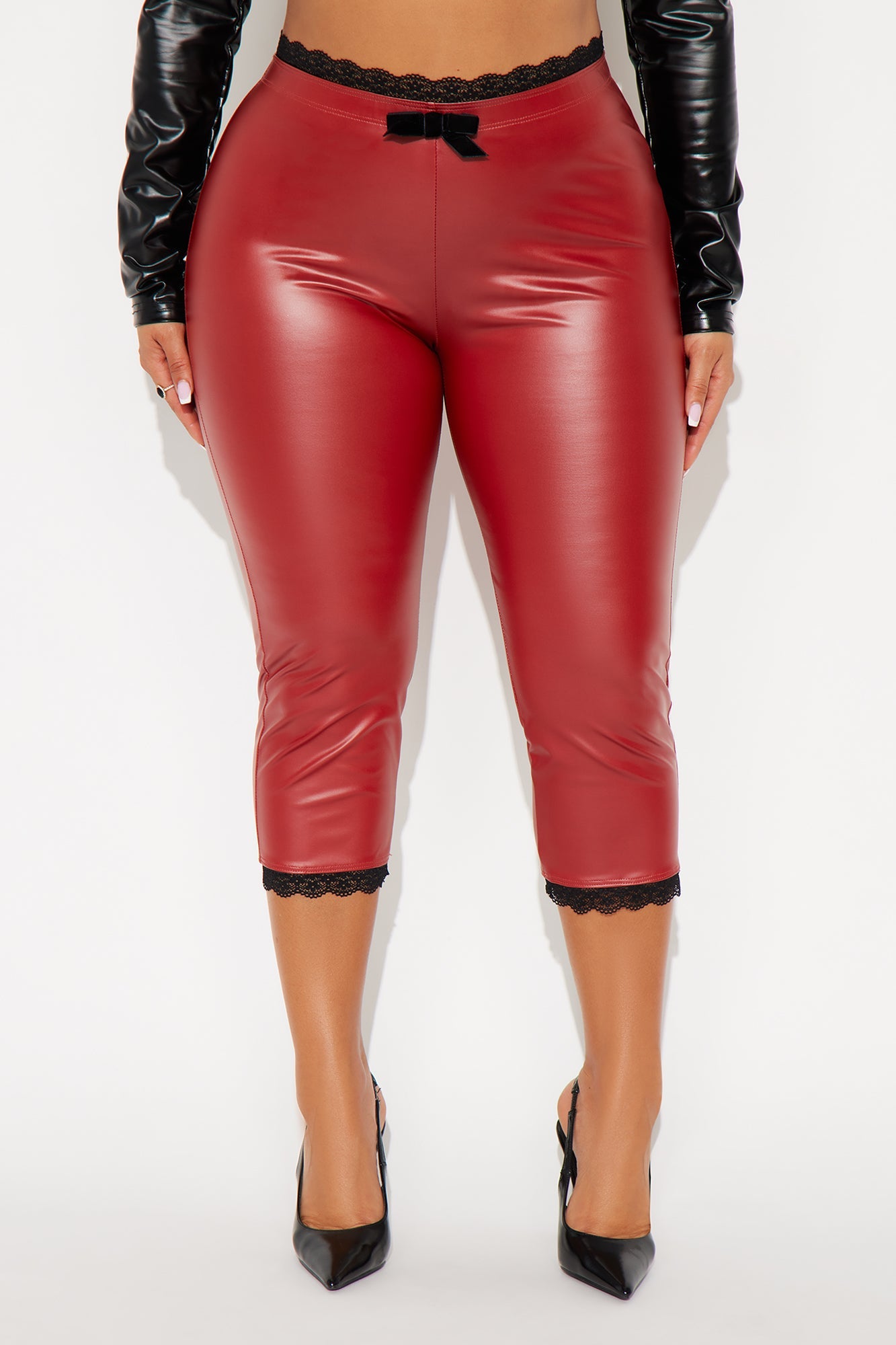 Valentina Faux Leather Lace Trim Capri Legging - Red