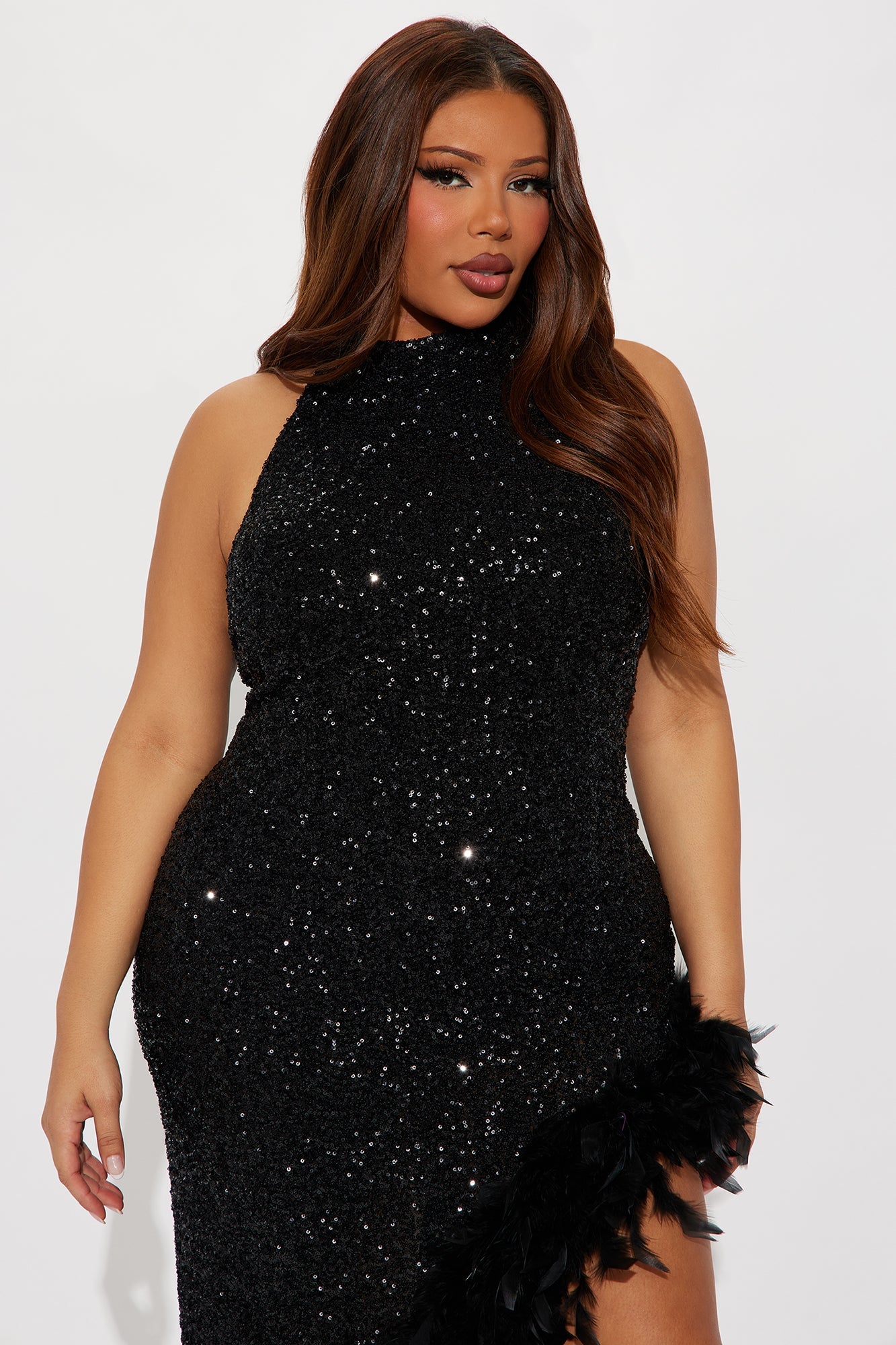 Leila Sequin Feather Gown - Black
