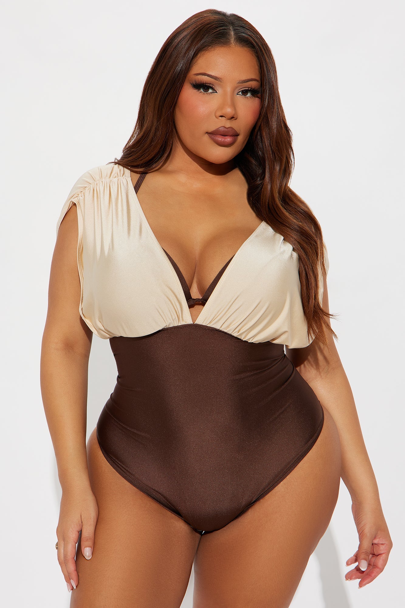 Lorena Layered Bra Cup 1 Piece Swimsuit - Brown/combo