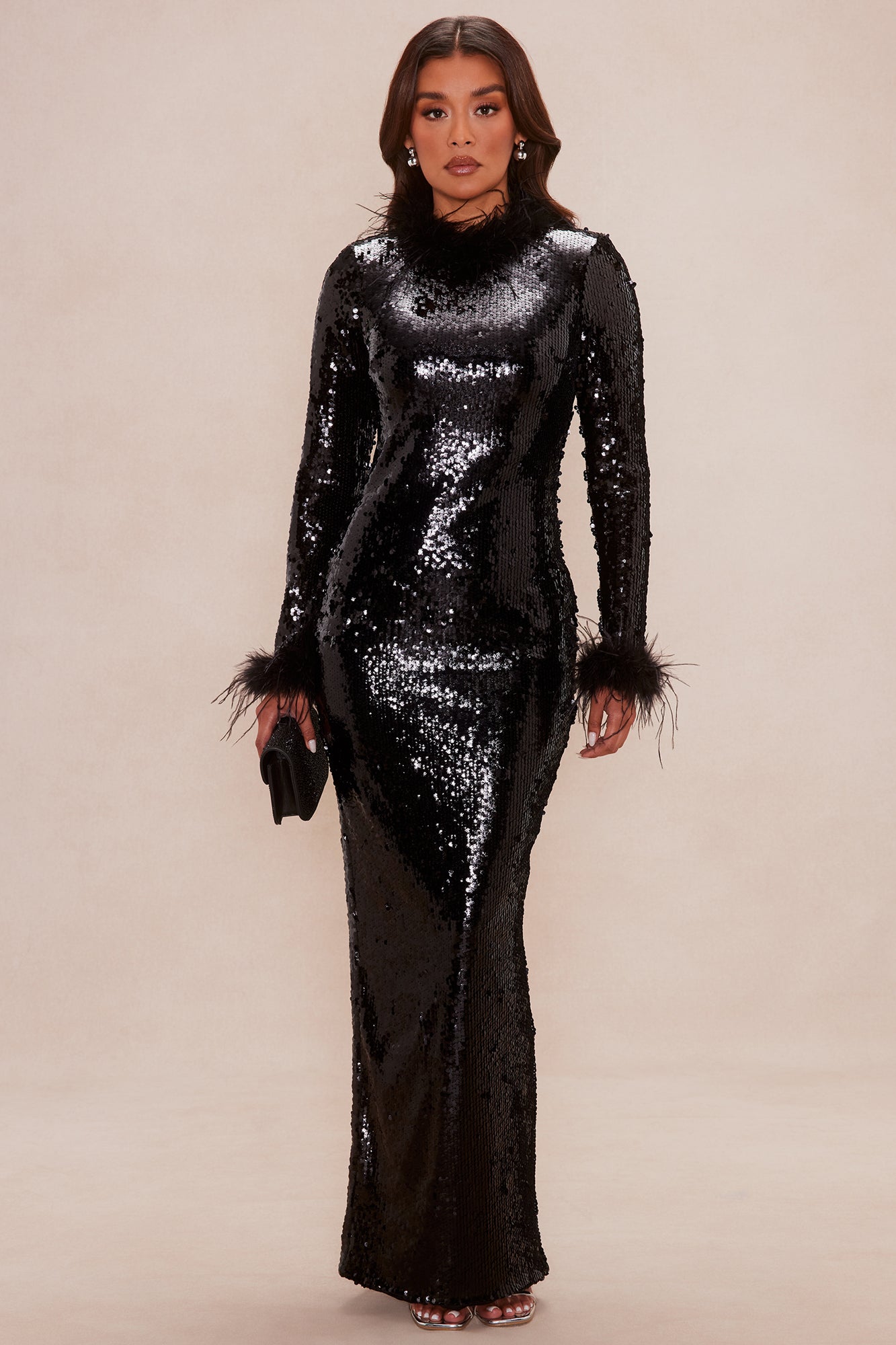 High Glam Feathered Sequin Maxi Dress - Black