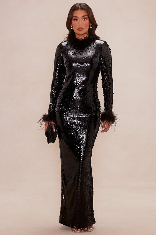 High Glam Feathered Sequin Maxi Dress - Black