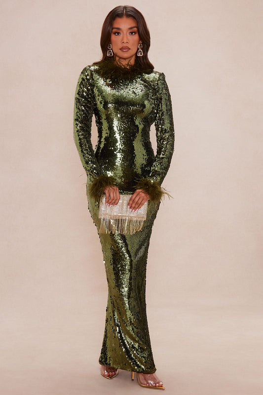 High Glam Feathered Sequin Maxi Dress - Olive