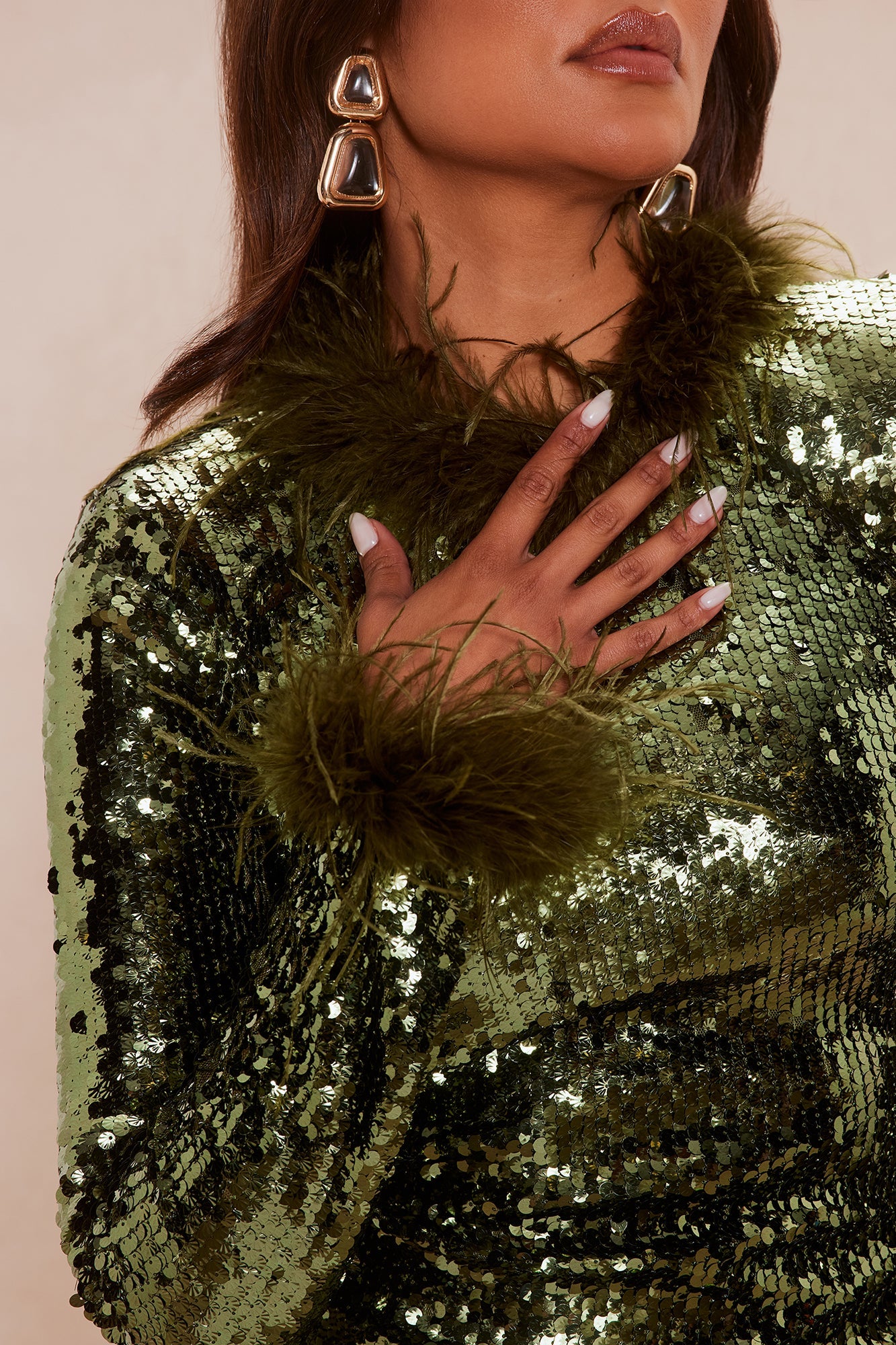 High Glam Feathered Sequin Maxi Dress - Olive