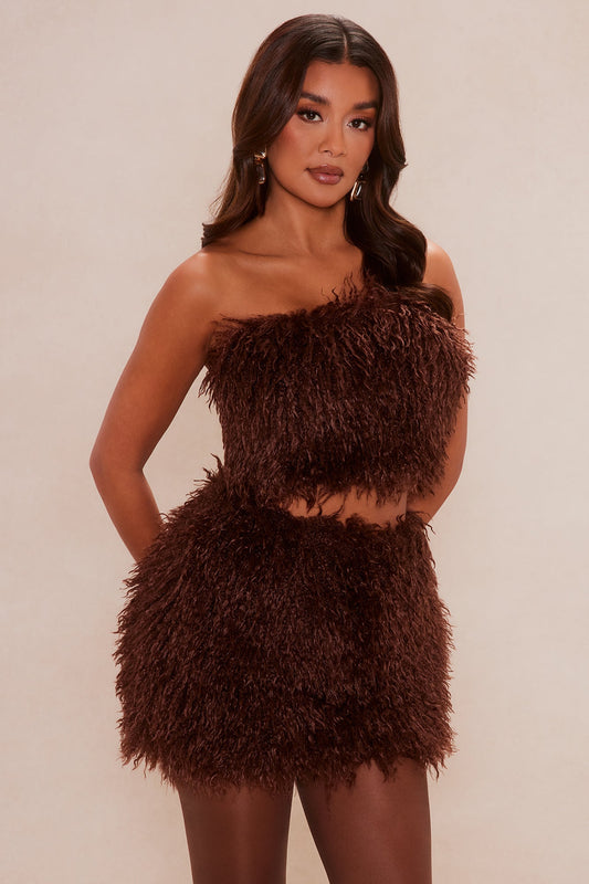 Elsie Faux Fur Mini Skirt Set - Chocolate
