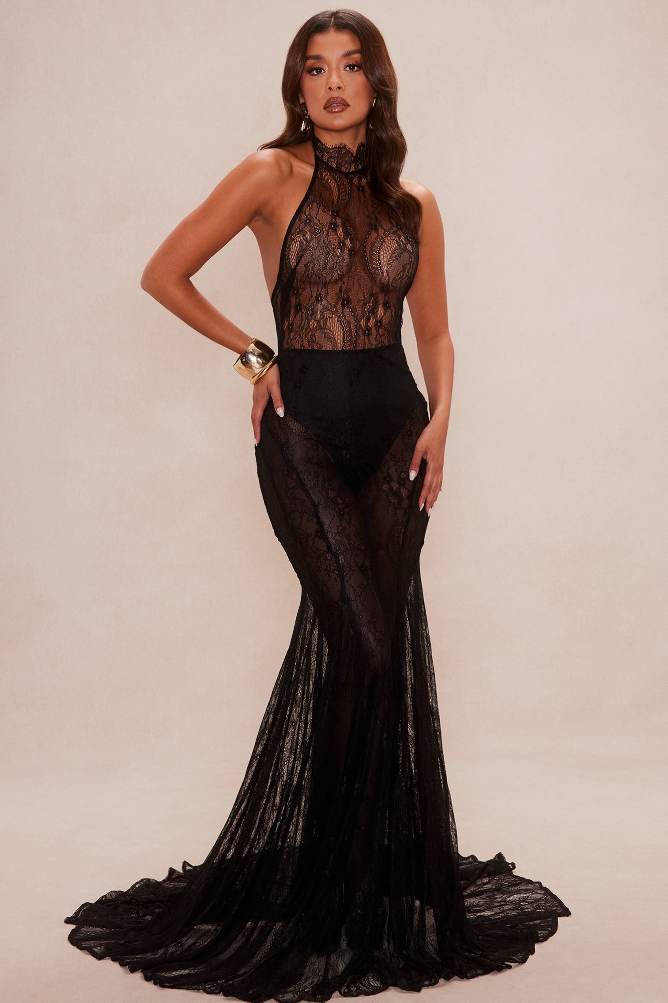 Liliana Sheer Lace Maxi Dress - Black