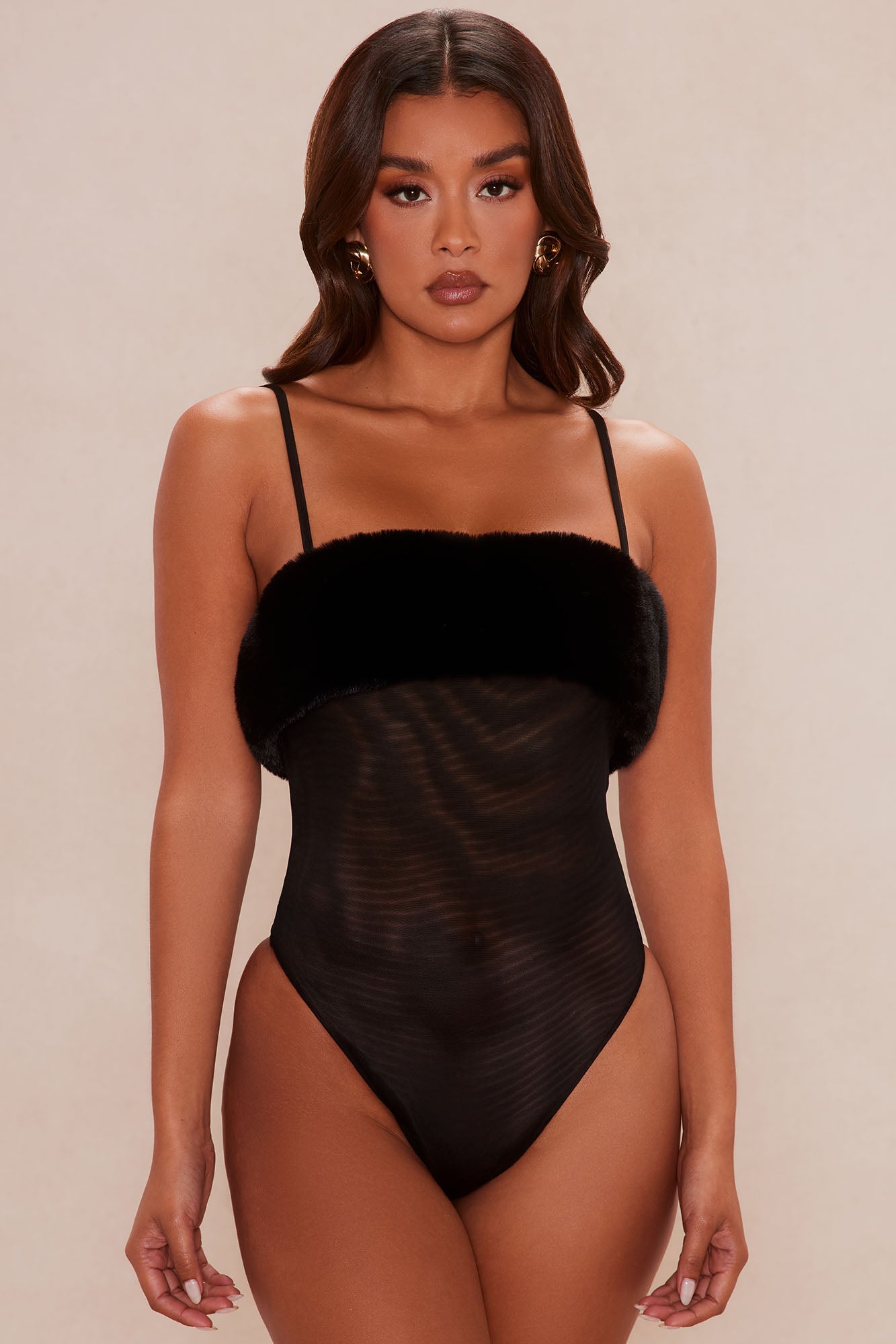Quinn Fur Trim Mesh Bodysuit - Black