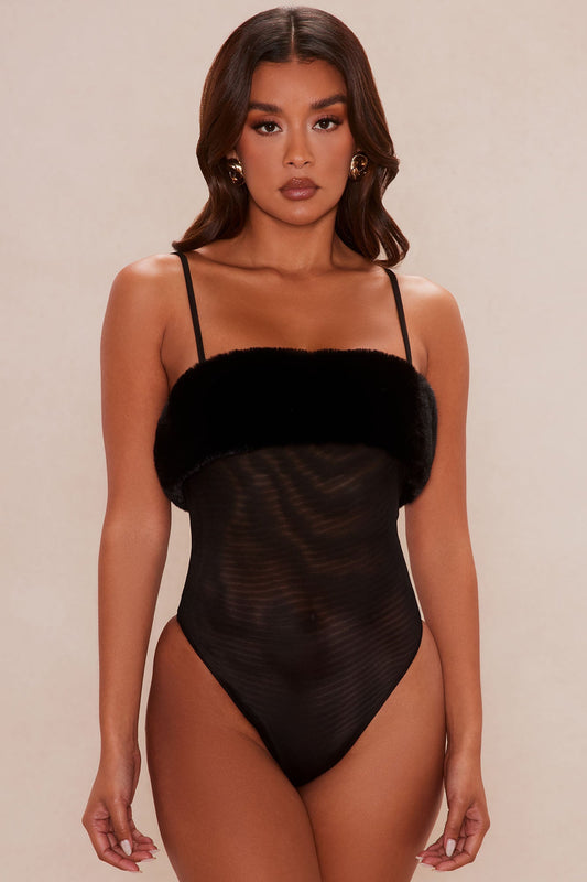 Quinn Fur Trim Mesh Bodysuit - Black