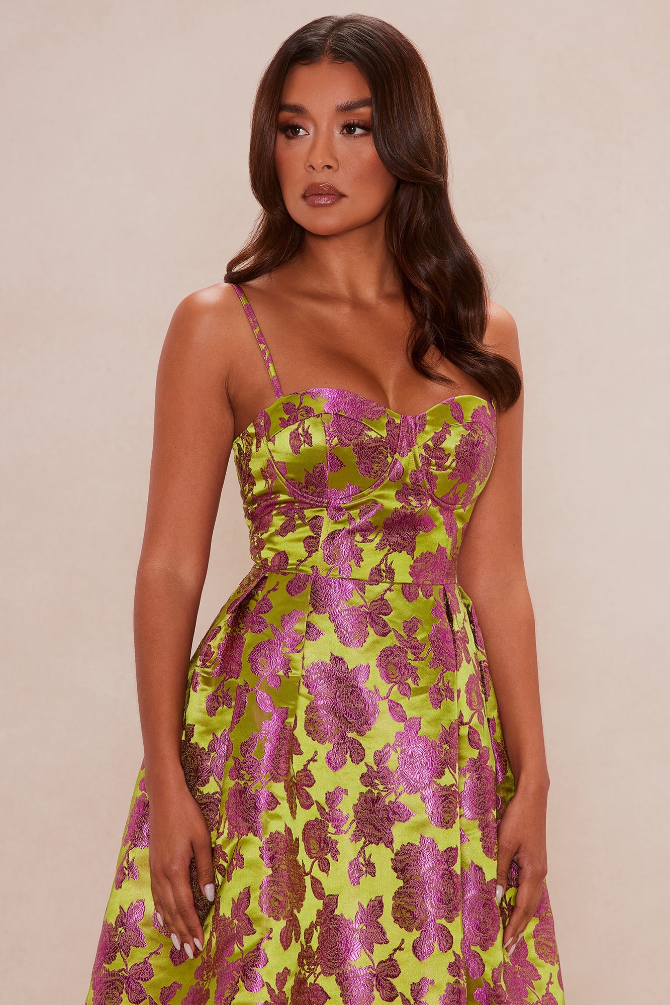 Chelsey Floral Jacquard Midi Dress - Green/combo