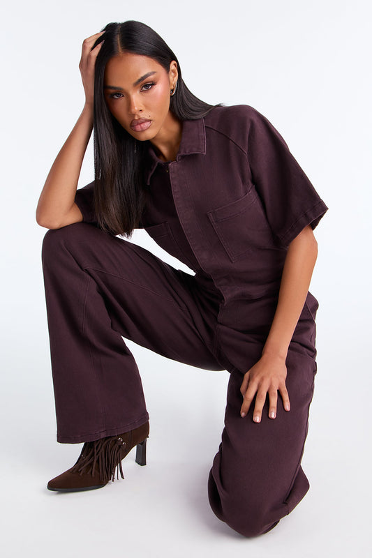 Best Days Denim Wide Leg Jumpsuit - Brown