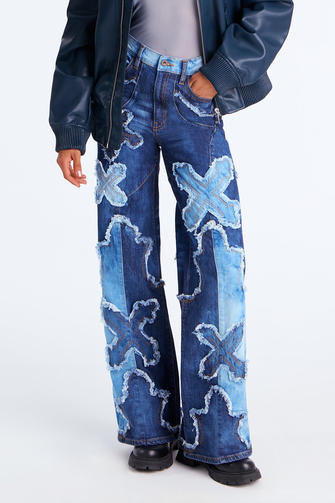 Double Crossed High Rise Applique Jeans - Dark Wash
