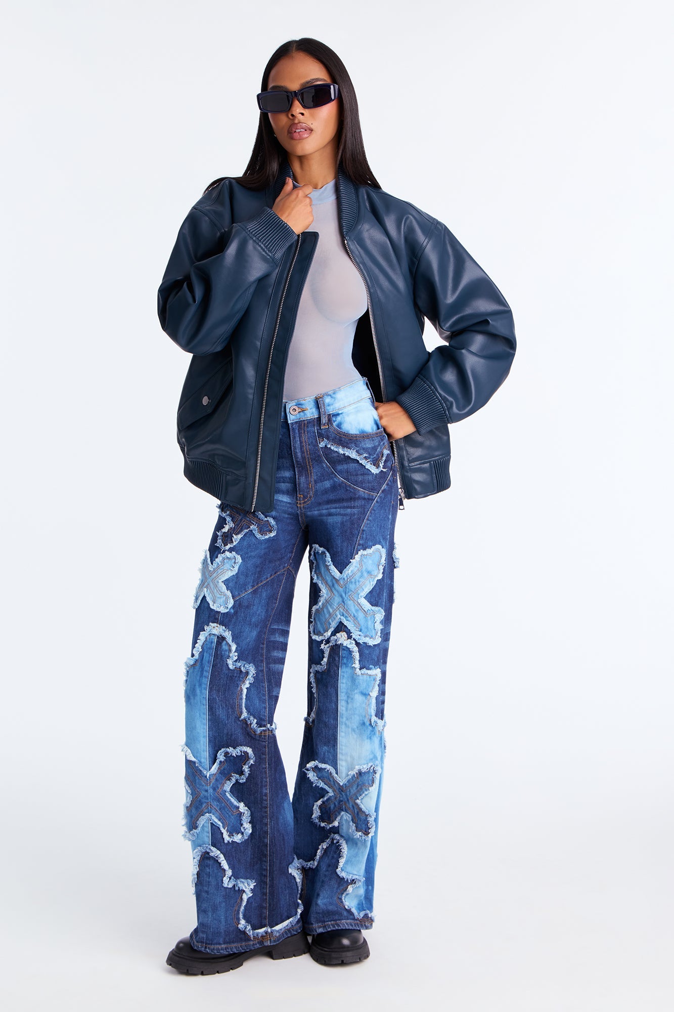 Double Crossed High Rise Applique Jeans - Dark Wash