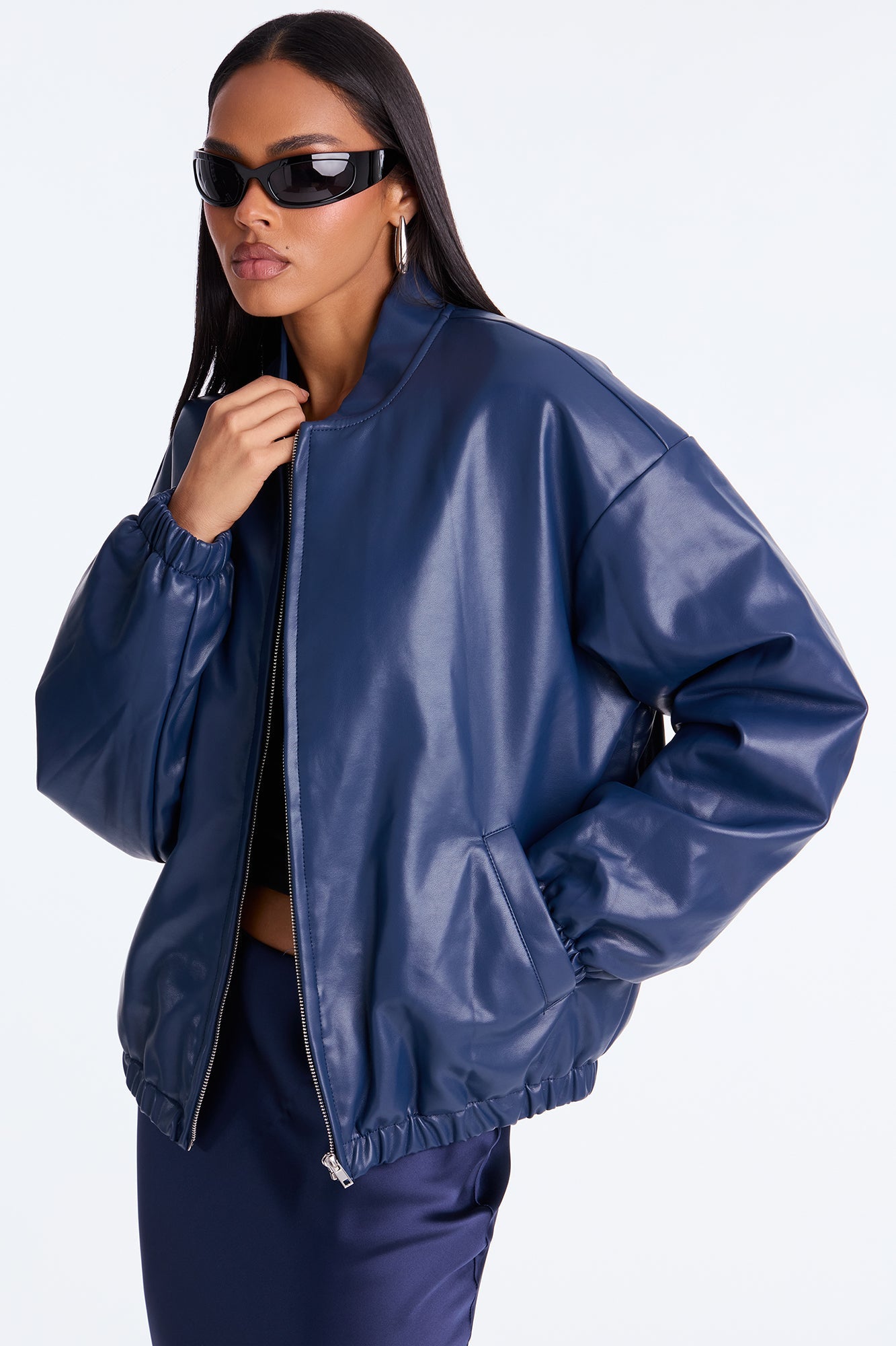Comfort Zone Faux Leather Puffer Jacket - Denim