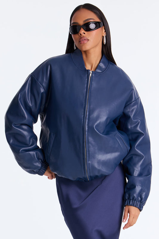 Comfort Zone Faux Leather Puffer Jacket - Denim