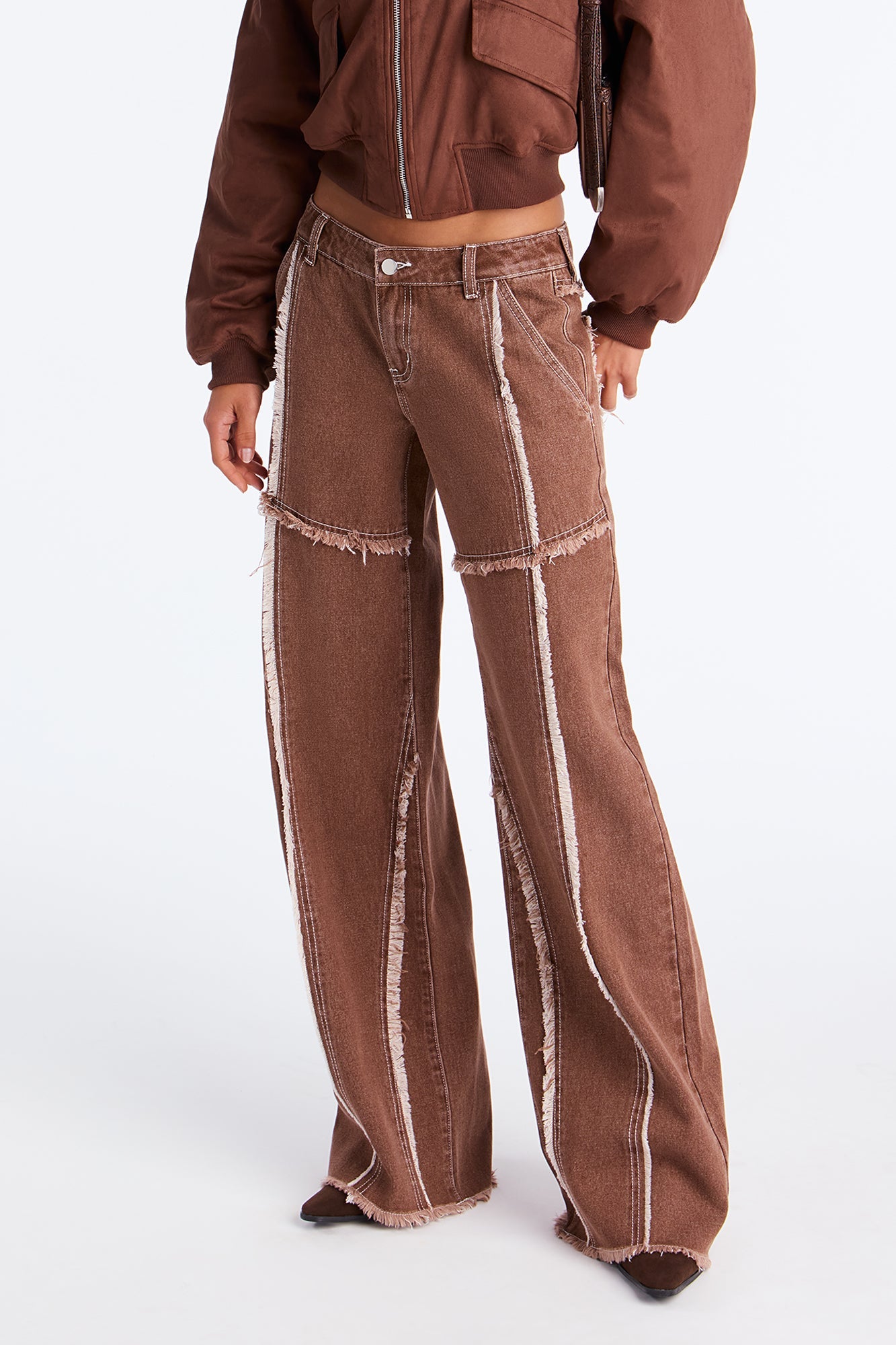 For The Record Frayed Wide Leg Jeans - Brown