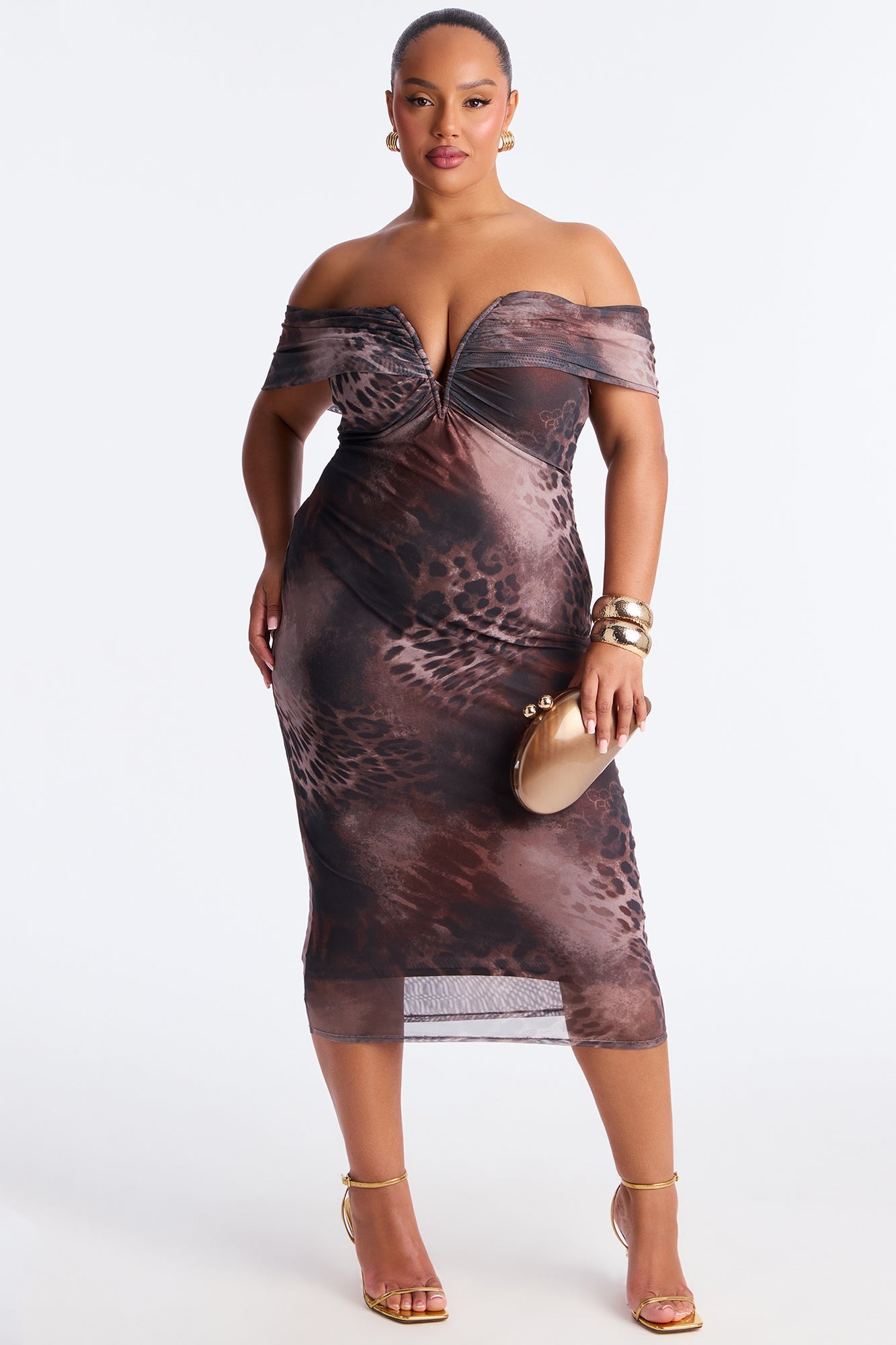 Soraya Off Shoulder Mesh Midi Dress - Brown/combo