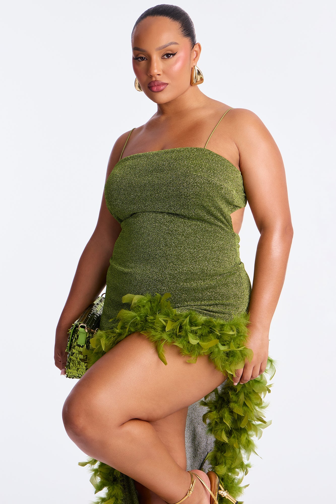 Feel The Spark Feathered Metallic Gown - Chartreuse