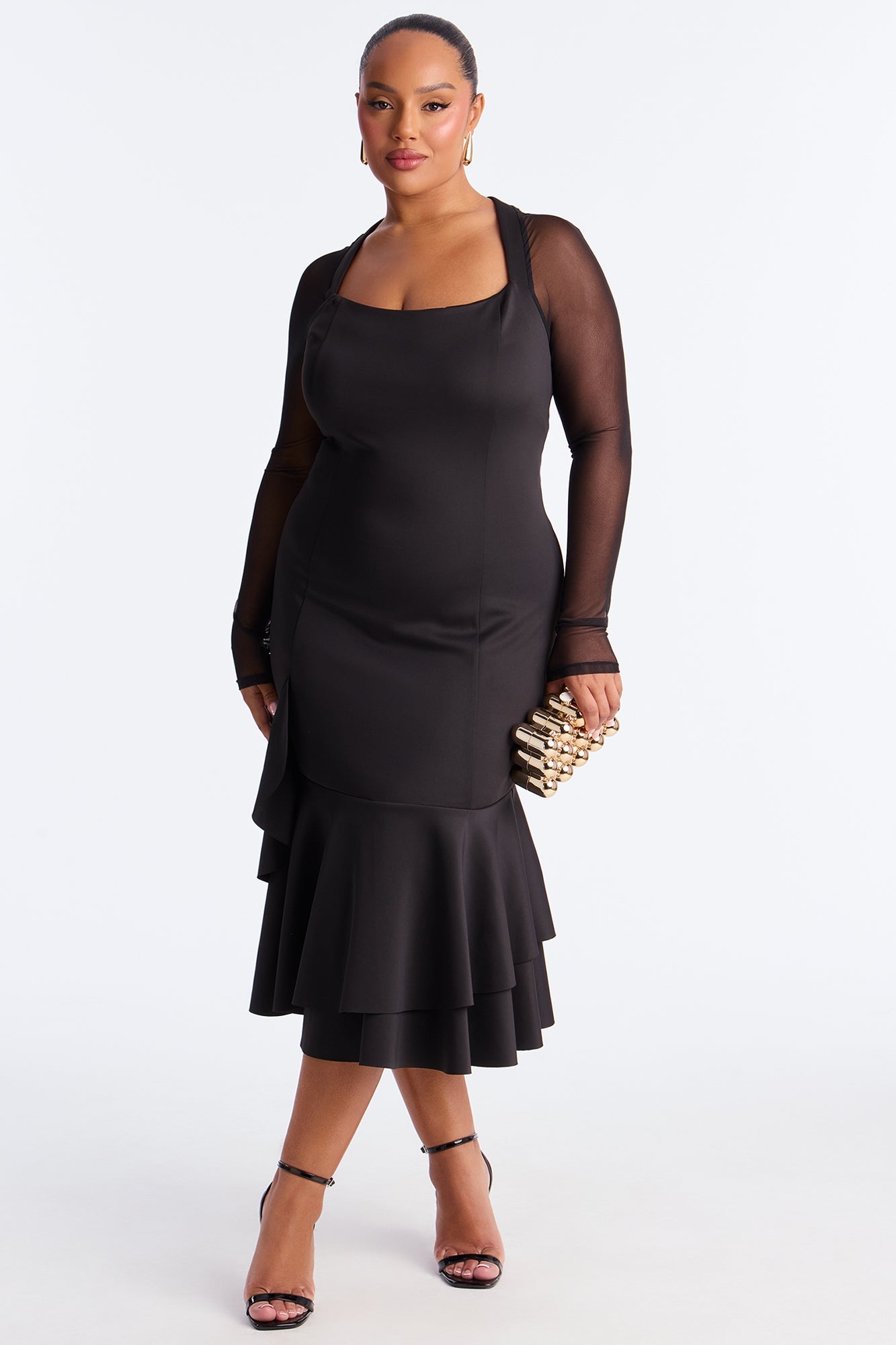 Romina Ruffle Trim Midi Dress - Black