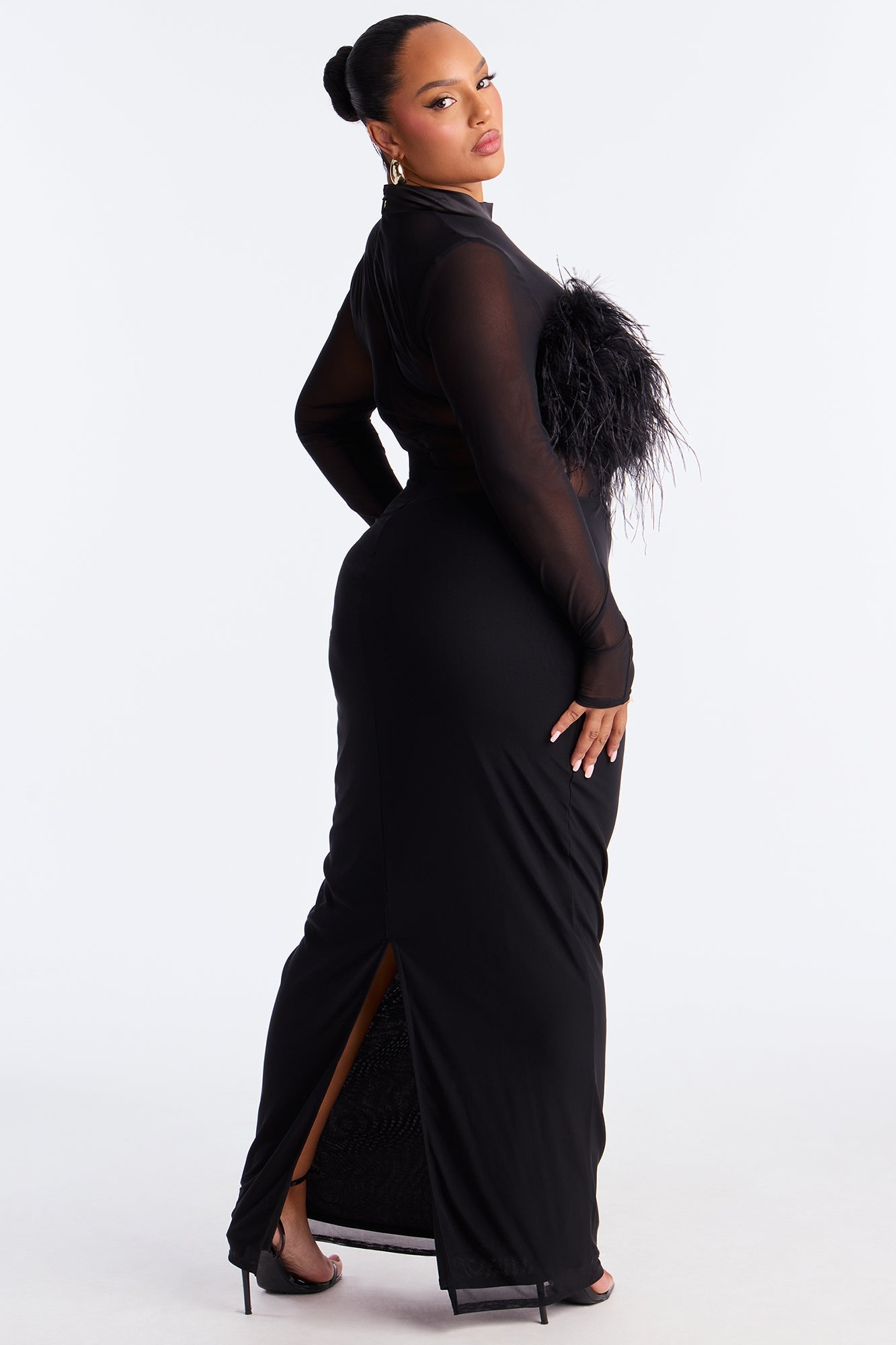 Selene Feather Sheer Mesh Maxi Dress - Black