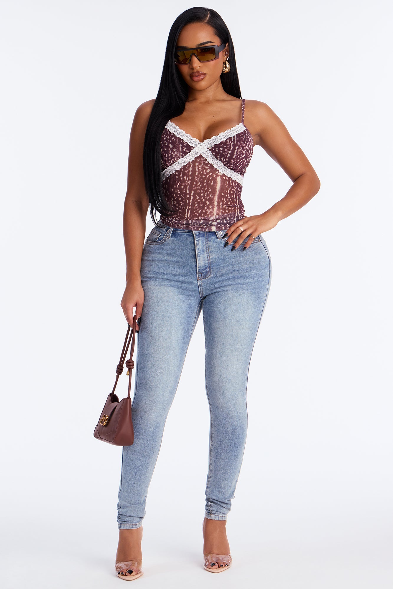 Ronda Lace Trim Mesh Cami Top - Brown/combo
