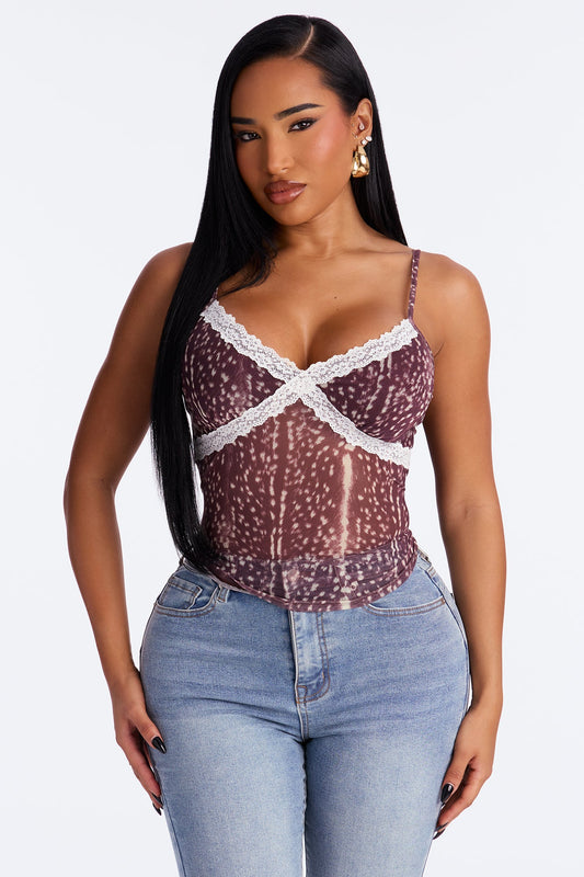 Ronda Lace Trim Mesh Cami Top - Brown/combo