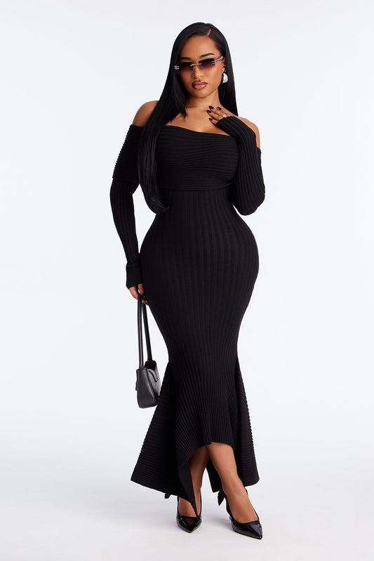 GF Material Sweater Maxi Dress - Black