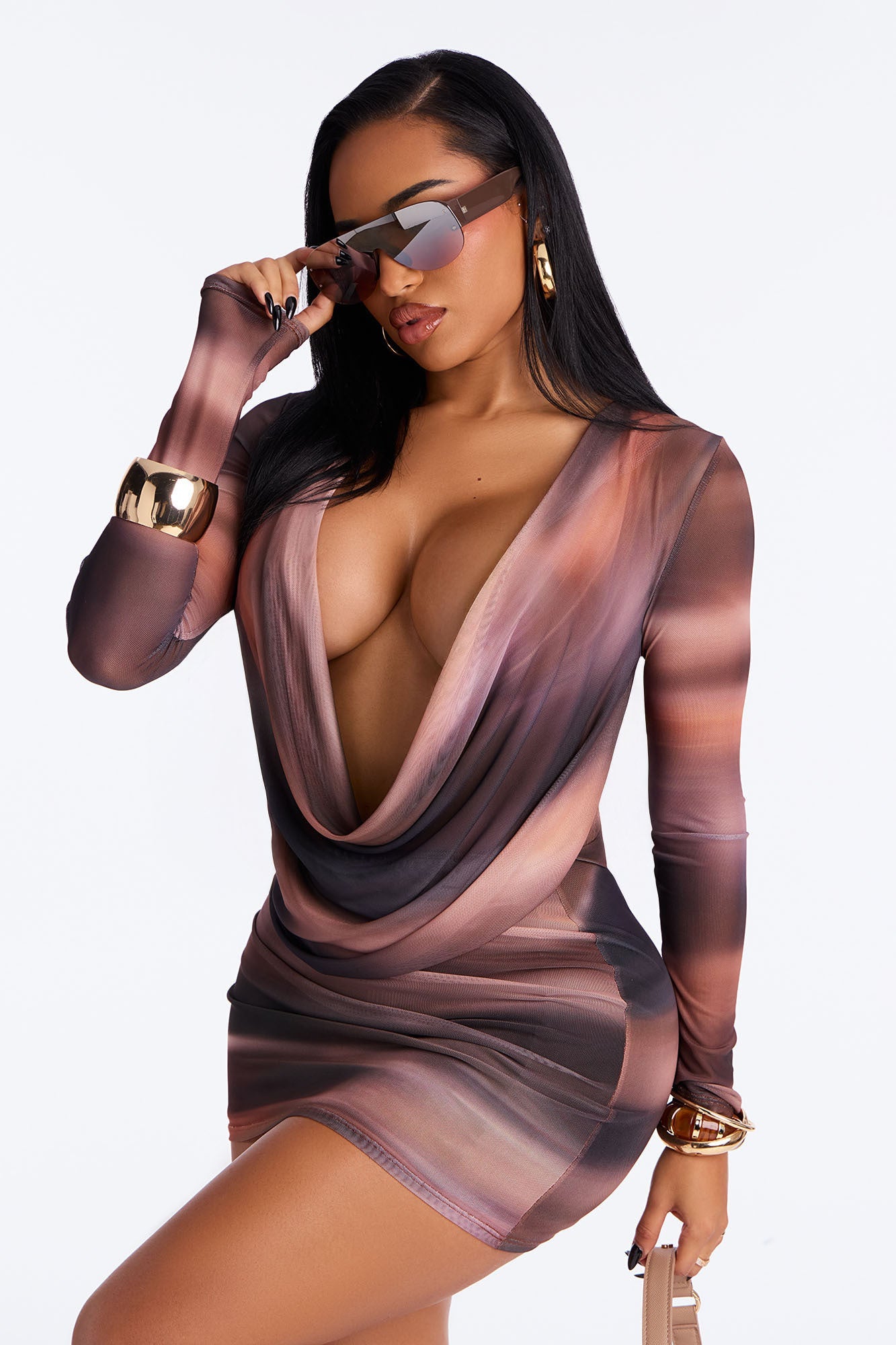 Gianna Long Sleeve Mesh Mini Dress - Brown Combo